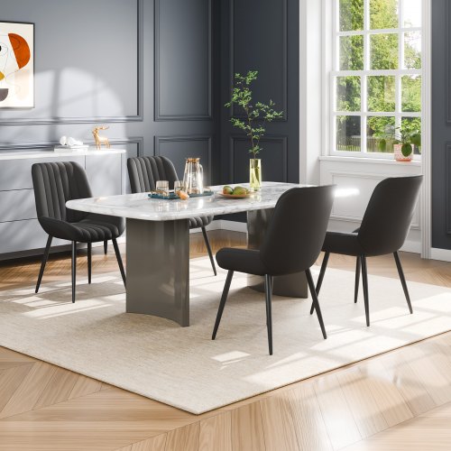 Set di 2 Sedie da Pranzo Moderne con Schienale Curvo, Sedie in Tessuto Effetto Lino e Gambe in Acciaio, Nero e Grigio Set di 2 Sedie da Pranzo Moderne con Schienale Curvo, Sedie in Tessuto Effetto Lino e Gambe in Acciaio, Nero e Grigio