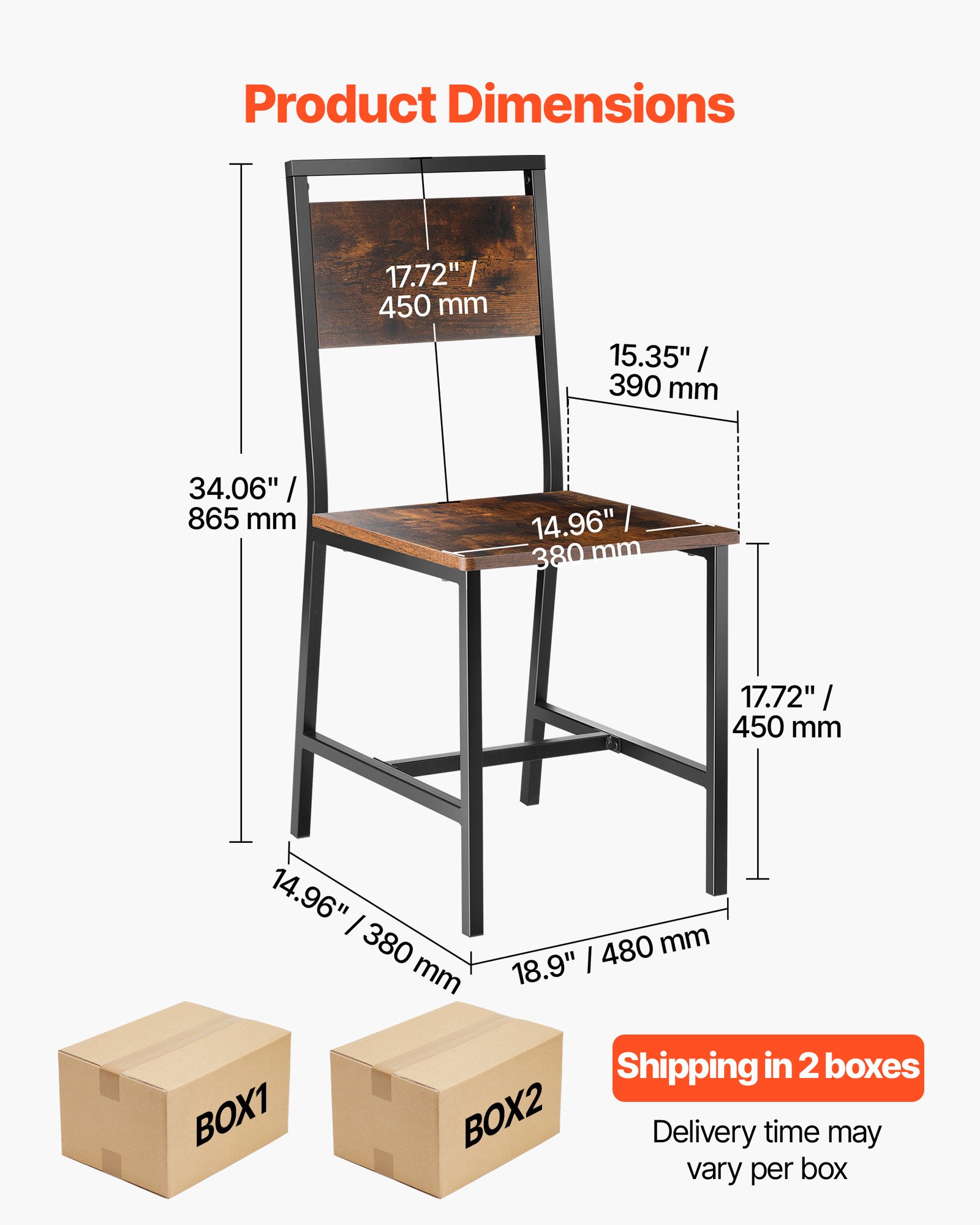 VEVOR Set di 4 Sedie da Pranzo, Sedie da Tavolo in Legno Struttura e Schienale in Metallo, Sedia Laterale per Cucina Soggiorno Salotto, Colore Marrone Rustico e Nero