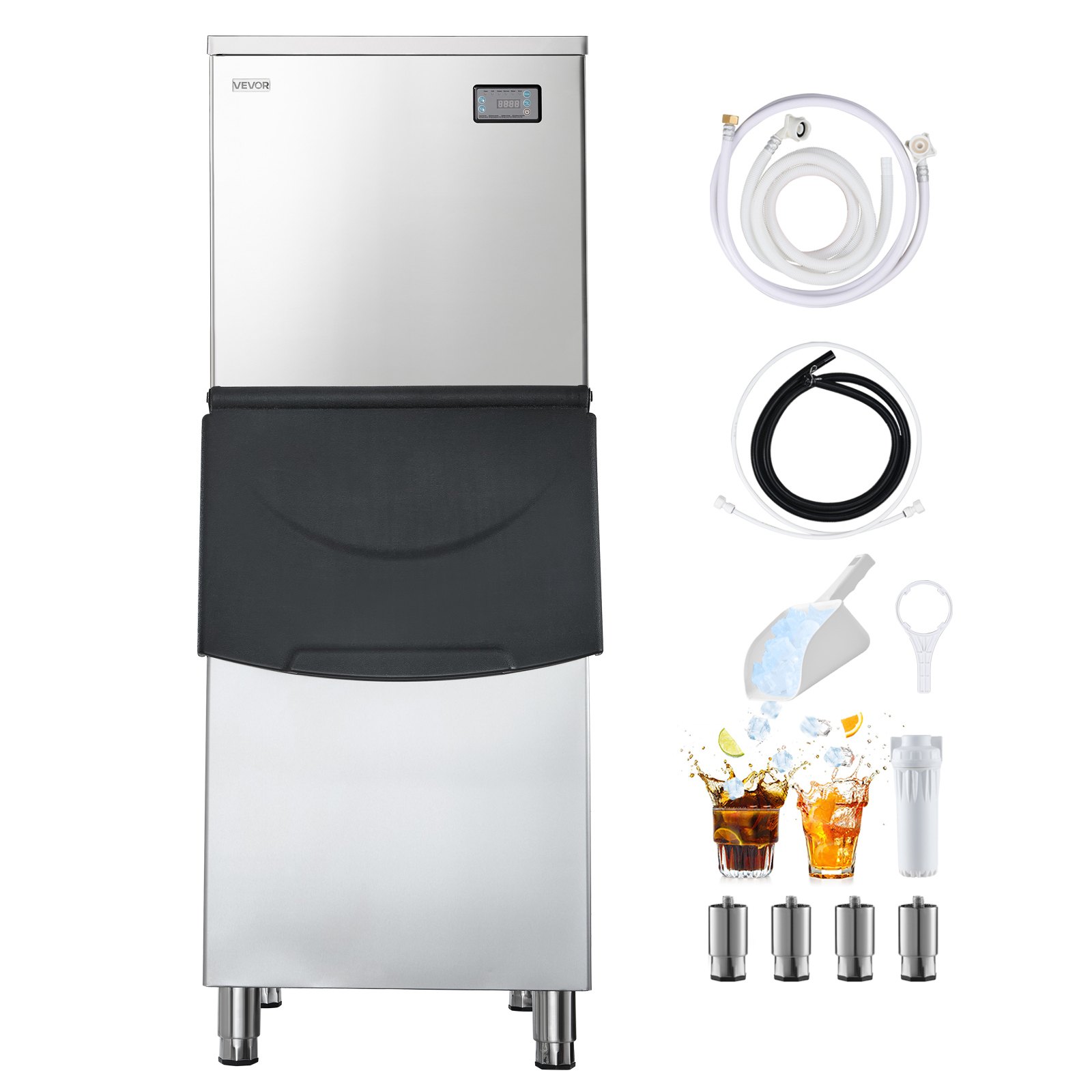VEVOR Macchina per Ghiaccio Commerciale, Macchina per Cubetti di Ghiaccio da 204 kg Autopulente con Contenitore di Stoccaggio in Acciaio Inox da 113 kg, Touchscreen per Bar, Caffetteria, Ristorante