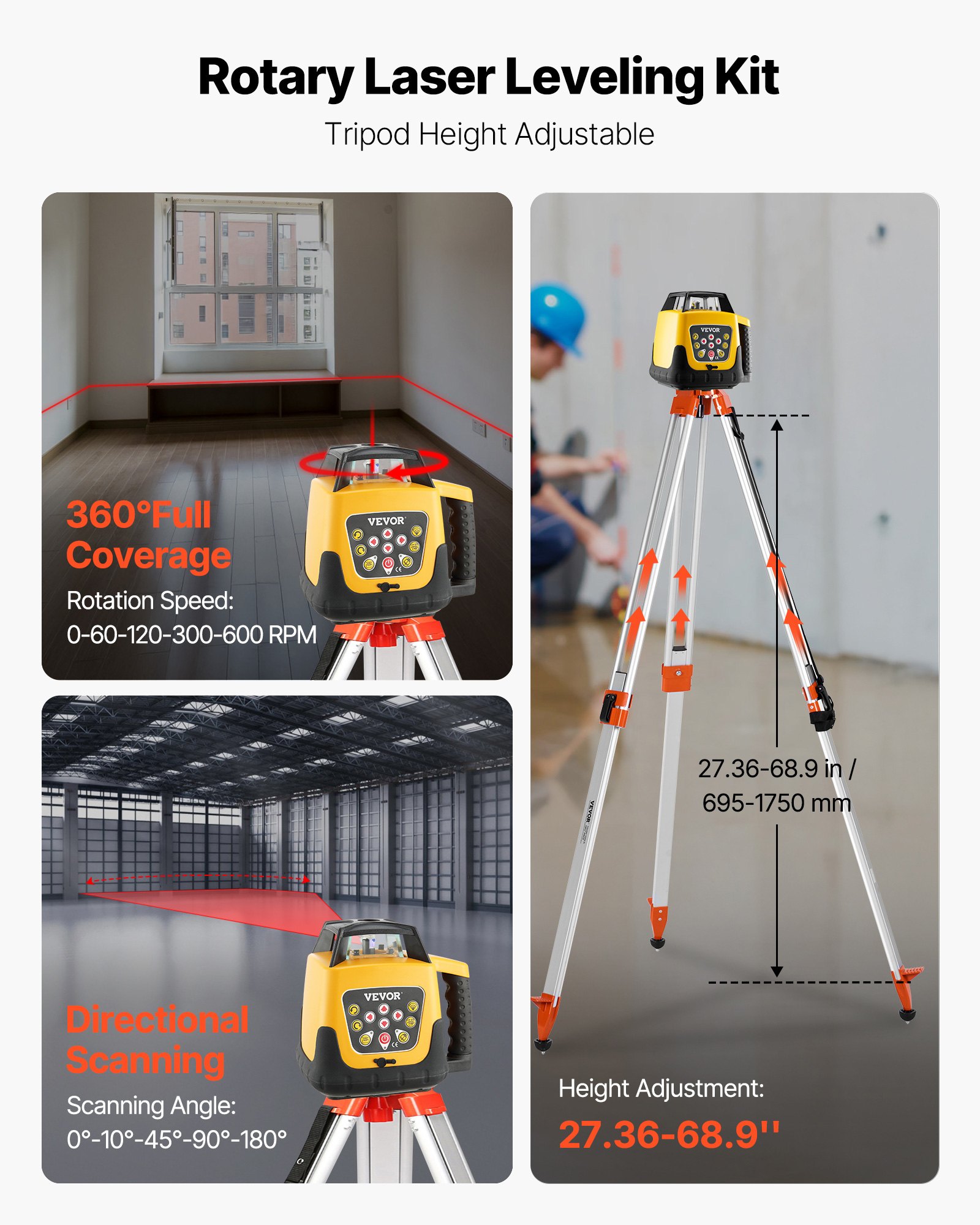 VEVOR Kit Livella Laser Rotante Raggio Rosso, Kit di Livella Laser Rotante con Treppiede, Portata max. 300 m, Pendenza Regolabile, Angolo Scansione Flessibile, Telecomando Custodia per Trasporto