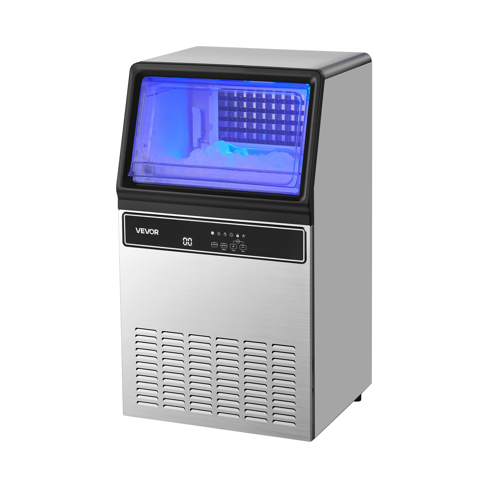 VEVOR Macchina per Ghiaccio Commerciale Produzione max. 59 kg/giorno Capacità di Stoccaggio 15 kg, Macchina per Ghiaccio Indipendente Sottobanco con Display a LED Autopulente per Bar Ristorante