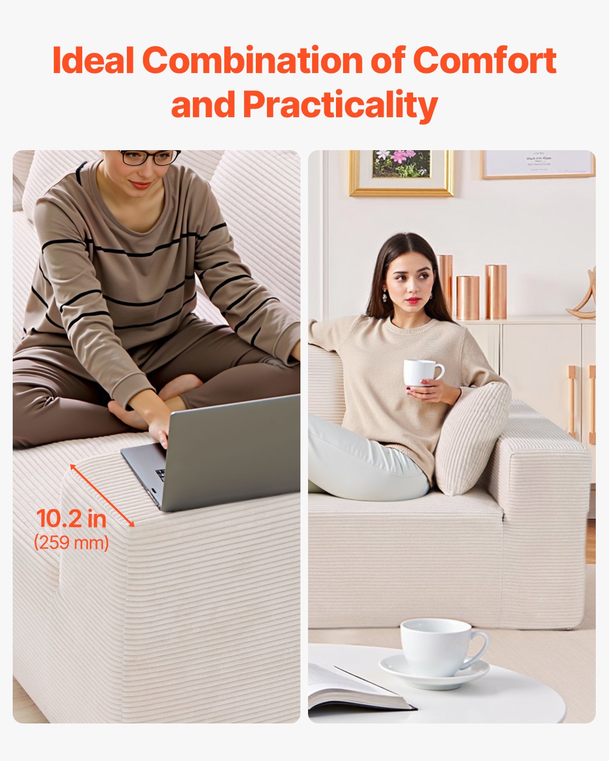 VEVOR Divano Modulare a Letto Angolare a Forma di L con Schiuma, Divano Imbottito in Velluto Capacità Carico 545 kg Lunghezza 265 cm con Cuscini, Mobile per Soggiorno Salone Casa, Beige