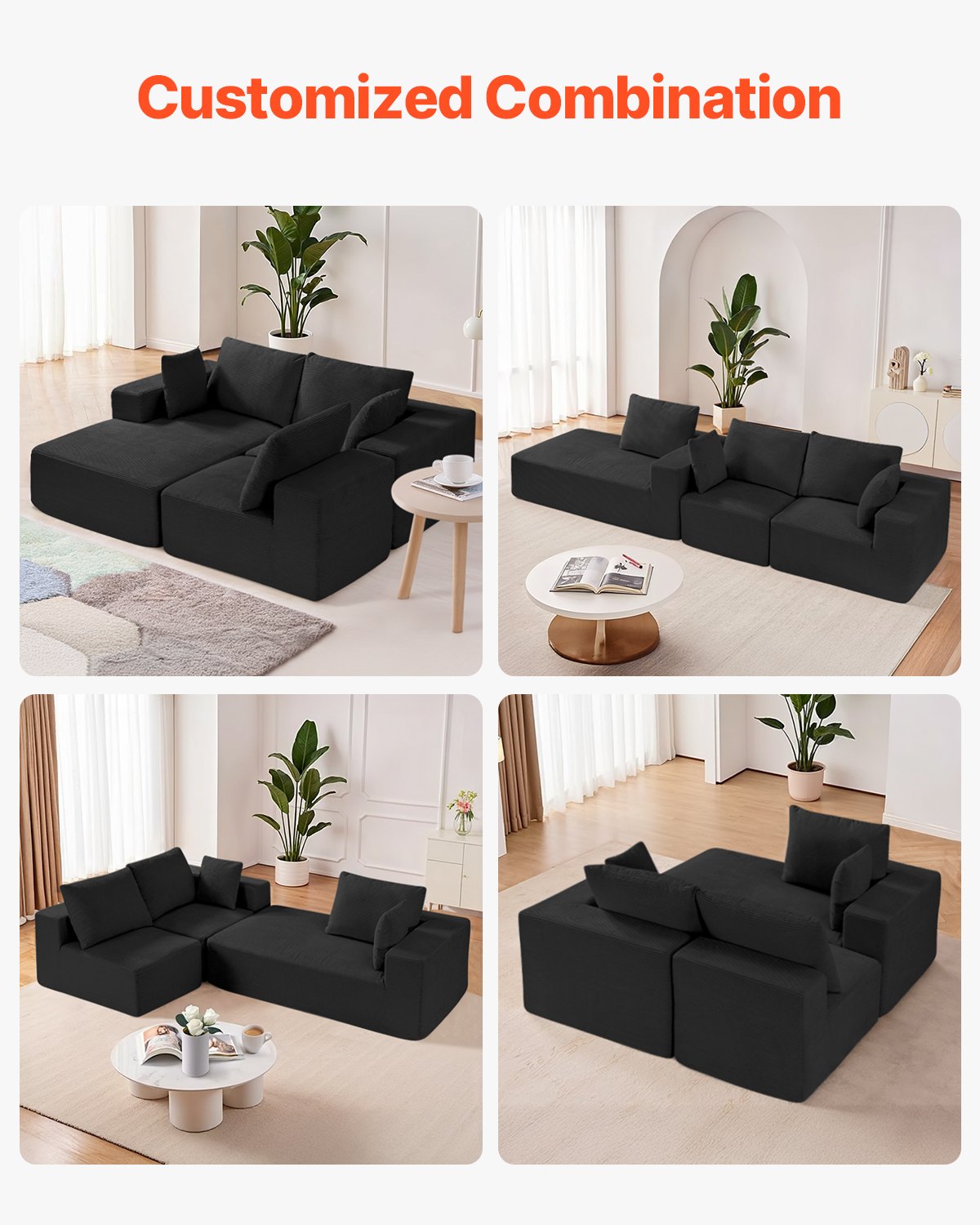 VEVOR Modular Sofa L-shaped Corner Sofa Bed with High-Resilience Foam & High Density, Upholstered Corduroy Sofa (545 kg Load Capacity / 265 cm Long) with Cushions for Living Room Apartment Black