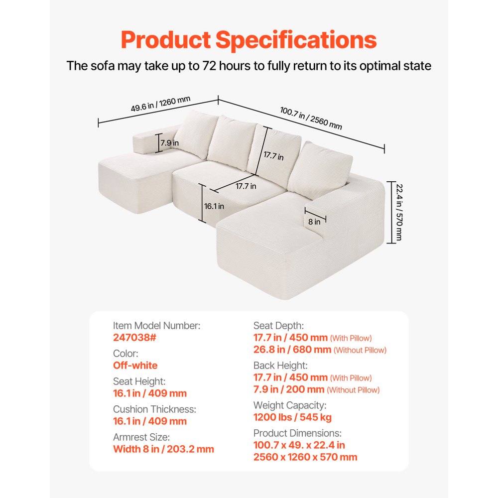 VEVOR Divano Modulare a Letto Angolare a Forma di U con Schiuma, Divano Imbottito in Velluto Capacità Carico 545 kg Lunghezza 256 cm con Cuscini, Mobile per Soggiorno Salone Casa, Beige