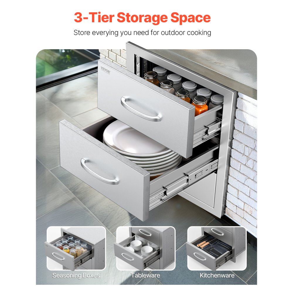 VEVOR Cassetti per Cucina da Esterno, Cassetti a Triplo Accesso, Armadietti a Filo in Acciaio Inossidabile, Organizzatore per Isola Barbecue con Maniglia, per Cucine Esterno 470x570x570 mm