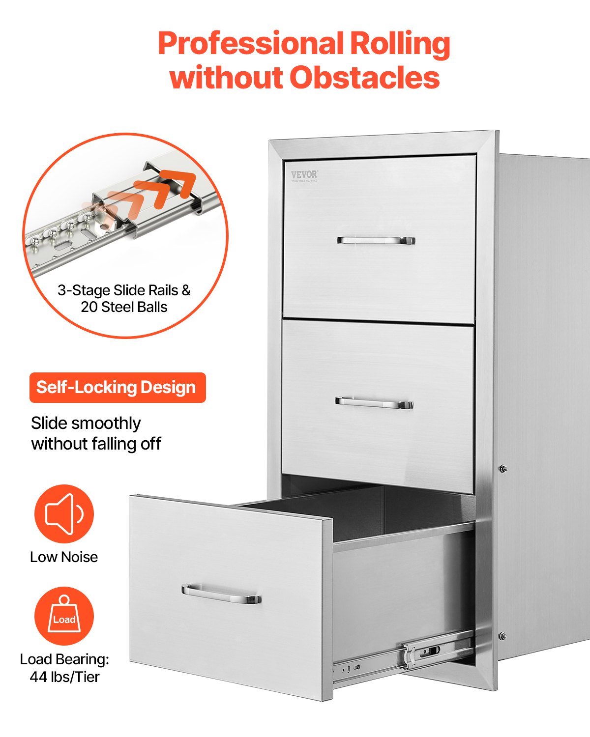 VEVOR Cassetti per Cucina da Esterno, Cassetti a Triplo Accesso, Armadietti a Filo in Acciaio Inossidabile, Organizzatore per Isola Barbecue con Maniglia, per Cucine Esterno 470x570x570 mm