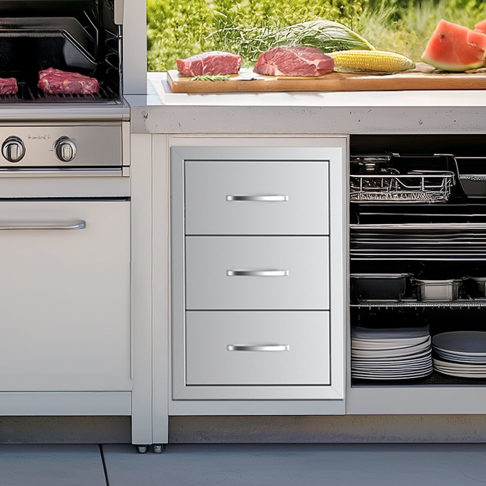 VEVOR Cassetti per Cucina da Esterno, Cassetti a Triplo Accesso, Armadietti a Filo in Acciaio Inossidabile, Organizzatore per Isola Barbecue con Maniglia, per Cucine Esterno 470x570x570 mm