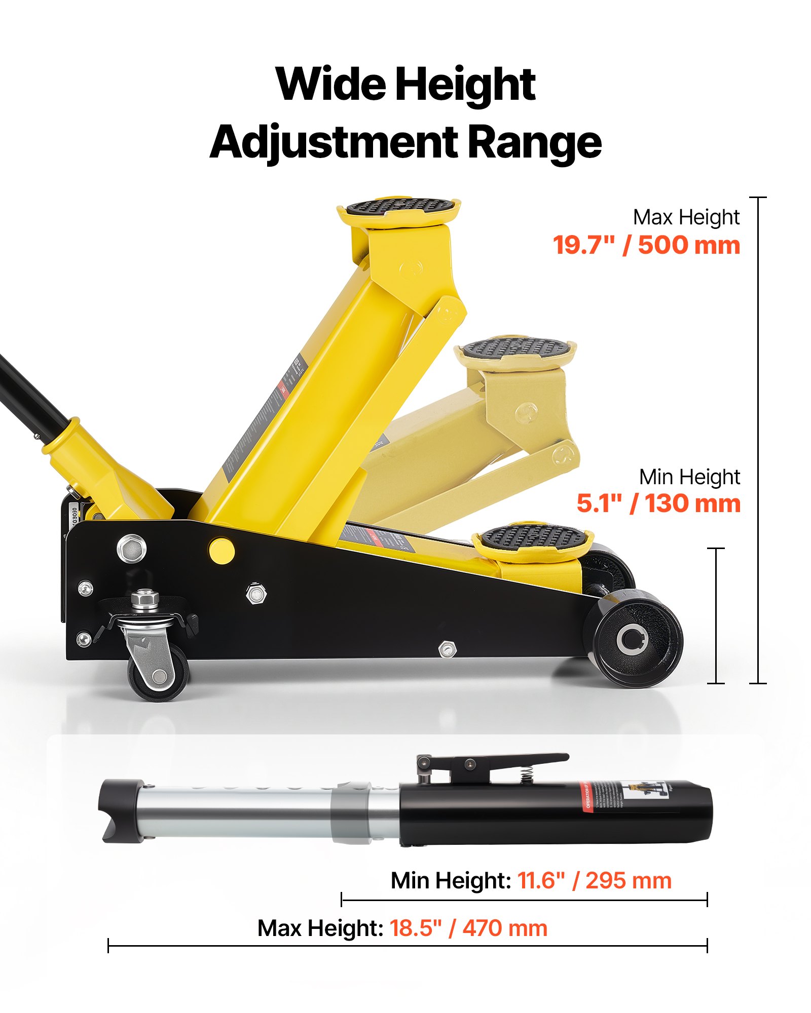 VEVOR Cric Idraulico a Carrello 3 Tonnellate a Basso Profilo, Cric Idraulico da Pavimento da Corsa in Acciaio a Pistone Singolo, Altezza di Sollevamento 130-500 mm, Multiuso per Auto Sportivo e SUV
