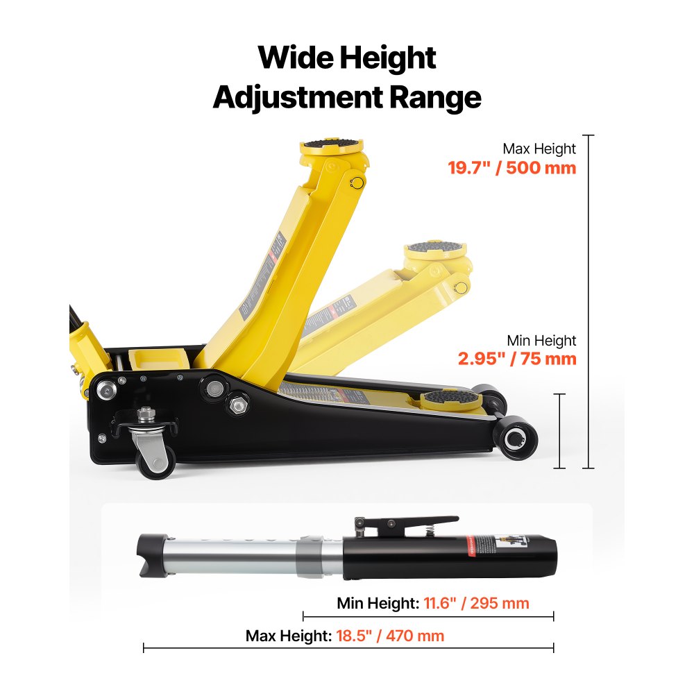 VEVOR Cric Idraulico a Carrello 3 Tonnellate a Basso Profilo, Cric Idraulico da Pavimento in Acciaio, a Doppio Pistone, Altezza di Sollevamento 75-500 mm, Ideale per Auto Sportivo, Moto, SUV e Camion
