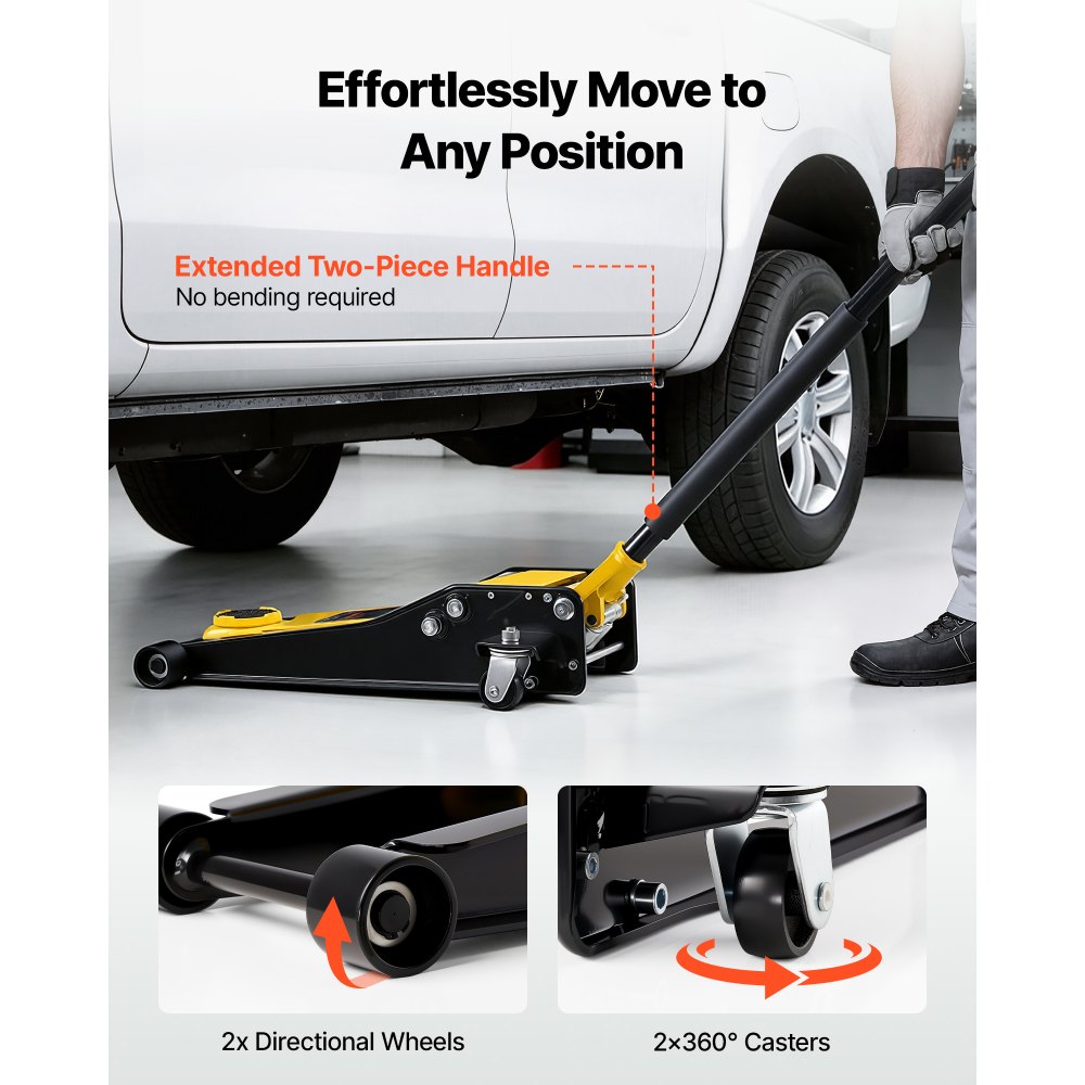 VEVOR Cric Idraulico a Carrello 3 Tonnellate a Basso Profilo, Cric Idraulico da Pavimento in Acciaio, a Doppio Pistone, Altezza di Sollevamento 75-500 mm, Ideale per Auto Sportivo, Moto, SUV e Camion