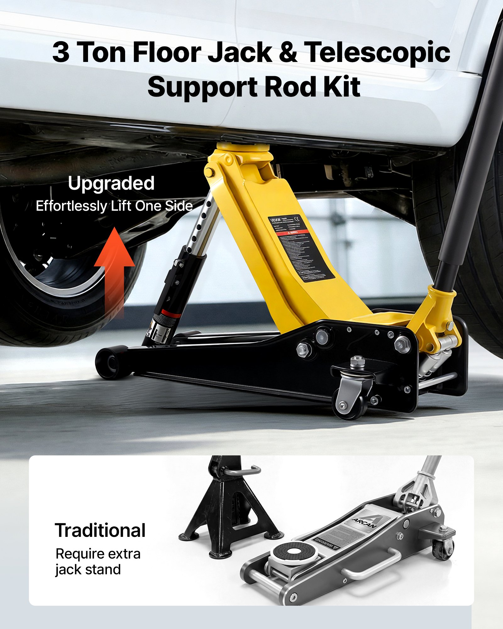 VEVOR Cric Idraulico a Carrello 3 Tonnellate a Basso Profilo, Cric Idraulico da Pavimento in Acciaio, a Doppio Pistone, Altezza di Sollevamento 75-500 mm, Ideale per Auto Sportivo, Moto, SUV e Camion