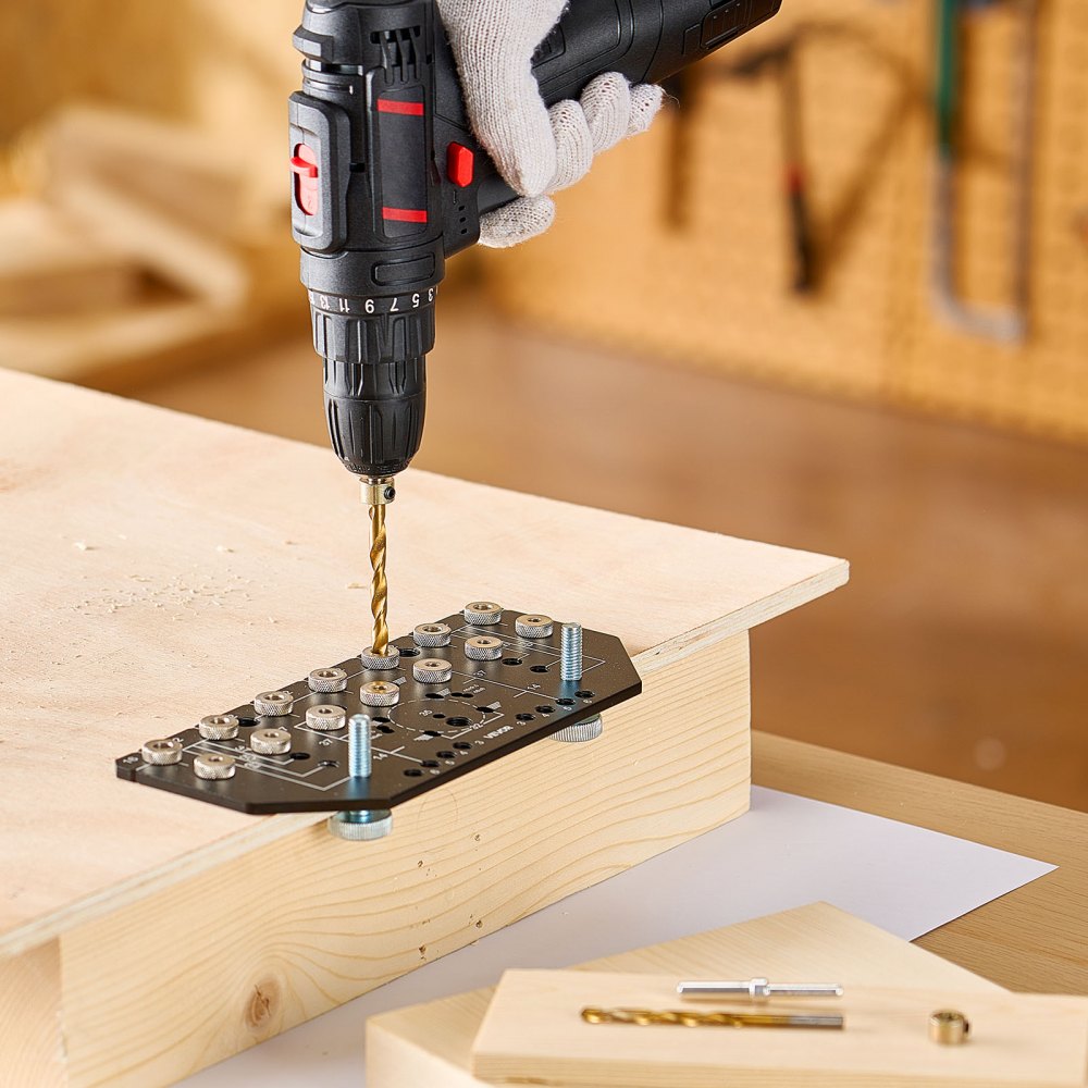 VEVOR Dima per Perni di Mensola e Dima per Cerniere, Lega di Alluminio, Kit Tasselli Autocentranti con Punte da Trapano da 6,4 e 4,8 mm, per Ante di Mobili, Librerie, Armadi, Lavorazione del Legno