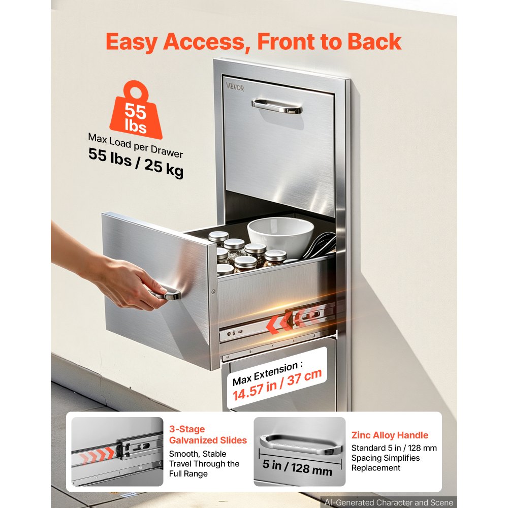 VEVOR Cassetto Cucina da Esterno Porta Rotolo Acciaio Inox 76,1 x 52,1 cm Bancone Postazione per BBQ da Isola Cucina, Mobiletto da Incasso Portaoggetti 3 Ripiani, Guida Scorrevole, Porta Utensili