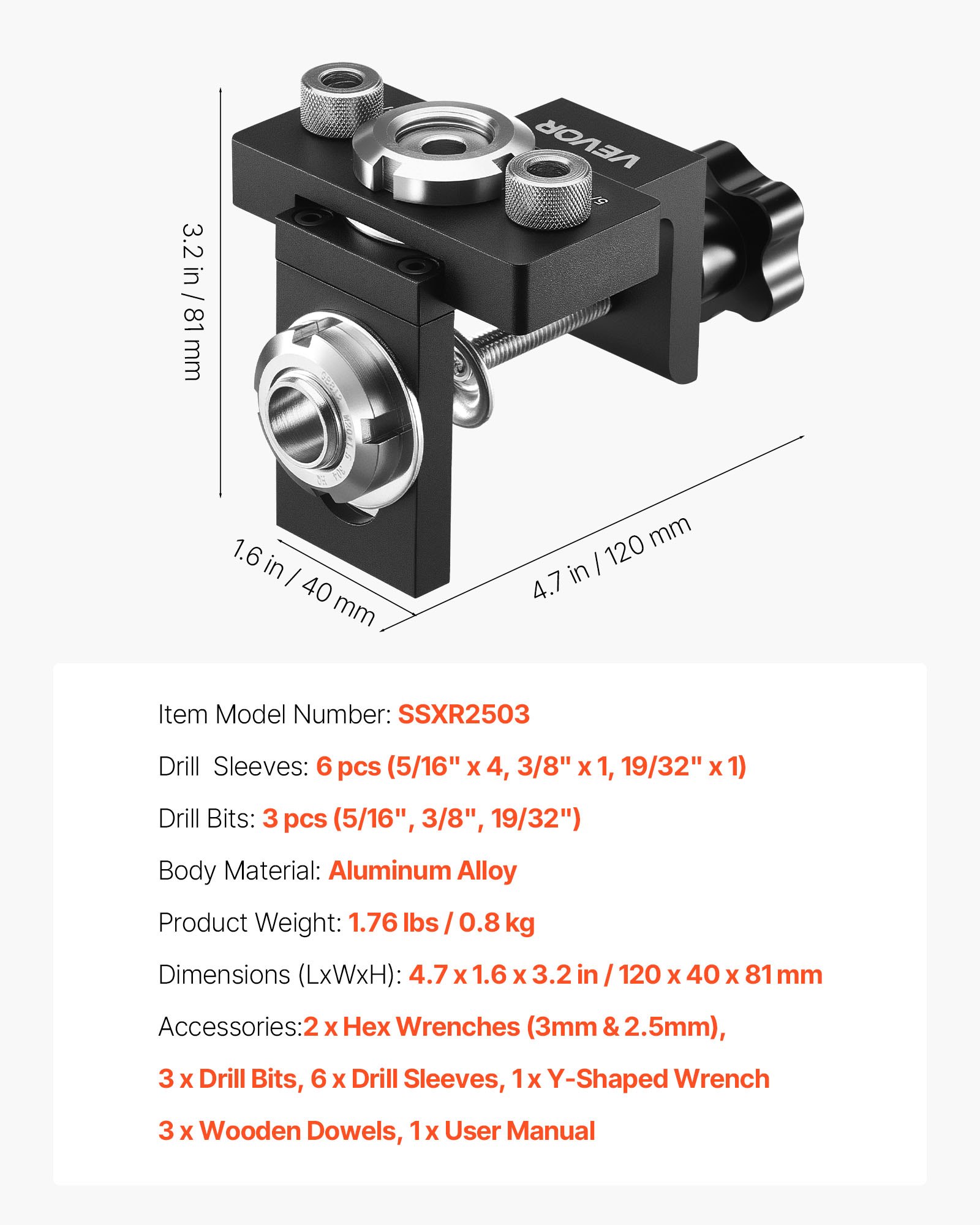 VEVOR Kit di Punte per Tasselli, Lega di Alluminio, Dima per Guida di Foratura, per Lavorazione del Legno con Punte da Trapano di 3 Dimensioni 6,4 mm 7,9 mm 15 mm per Lavorazione del Legno
