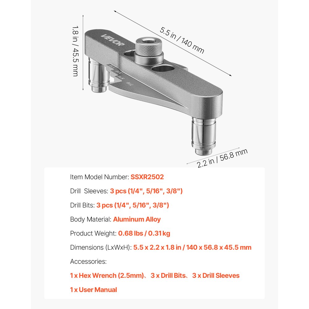 VEVOR Kit di Punte per Tasselli, Lega di Alluminio, Dima per Guida di Foratura, con Set di Punte da Trapano da 6,4 mm 7,9 mm 9,5 mm e Set di Collare di Arresto per Punte da Trapano