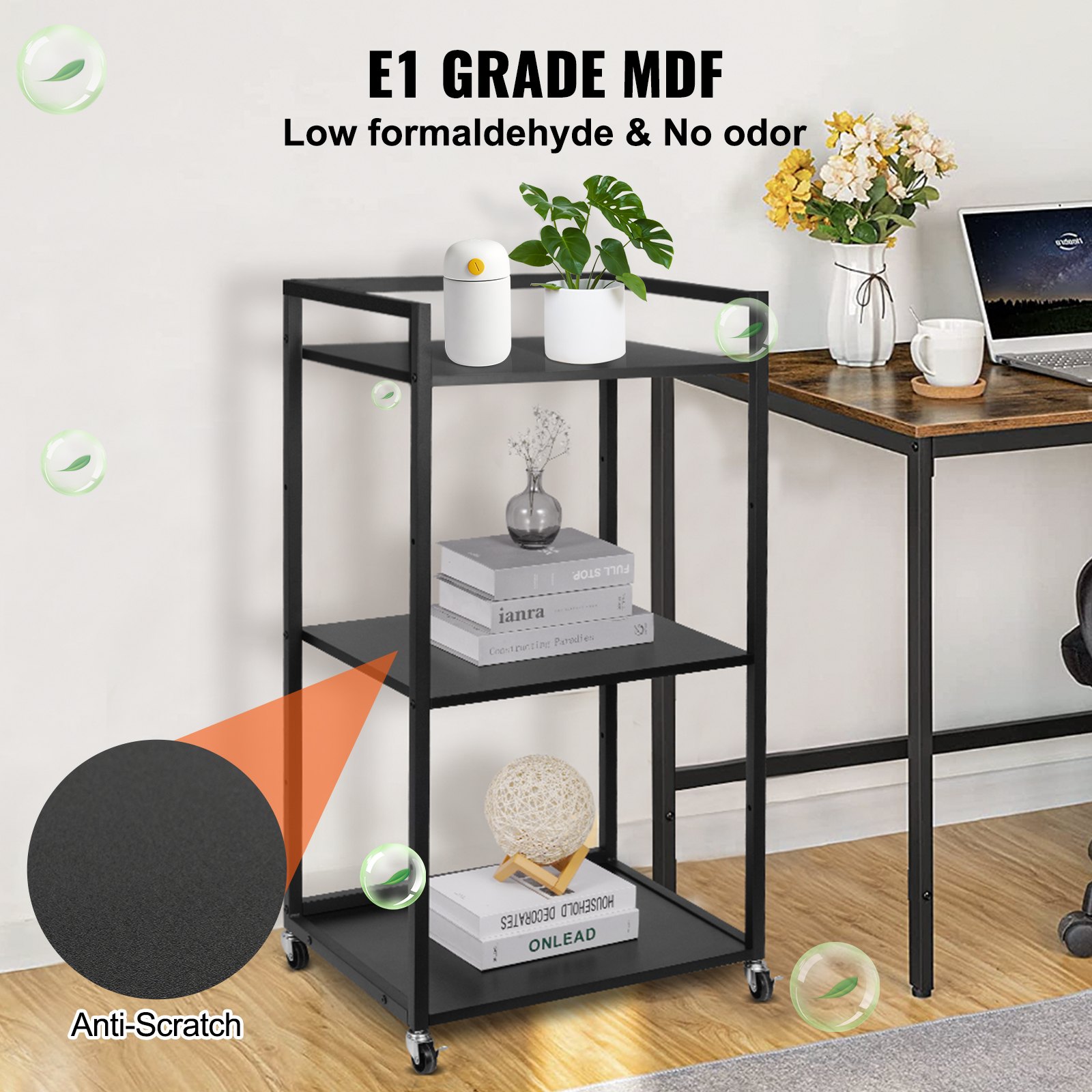 VEVOR Supporto per Stampante Portaoggetti Mobile 4 Ruote per Ufficio Studio Rastrelliera per Stampante 3 Ripiani Regolabili, Supporto per Stampante Tavolo MDF Capacità Carico Max. 45kg Altezza 102cm