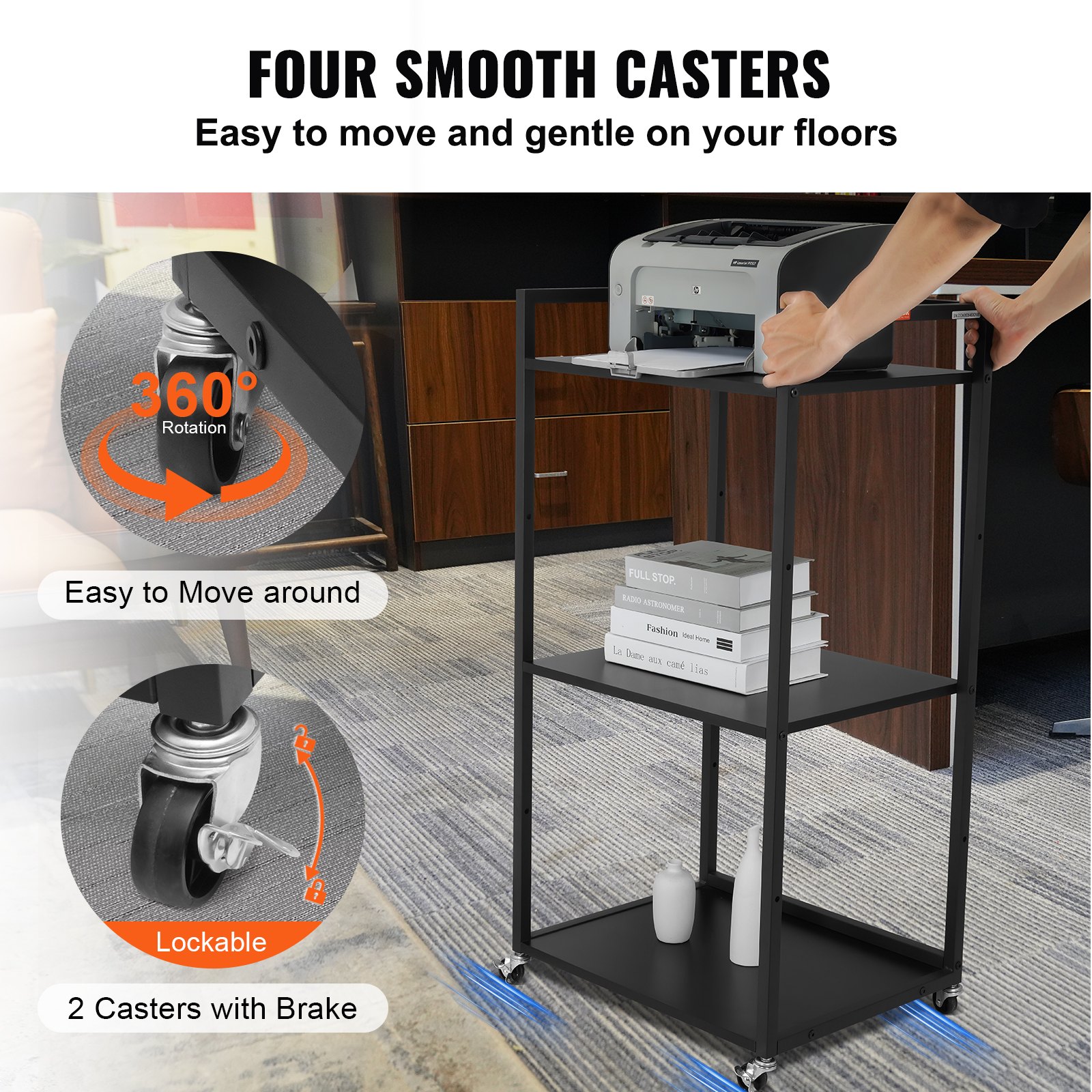 VEVOR Supporto per Stampante Portaoggetti Mobile 4 Ruote per Ufficio Studio Rastrelliera per Stampante 3 Ripiani Regolabili, Supporto per Stampante Tavolo MDF Capacità Carico Max. 45kg Altezza 102cm