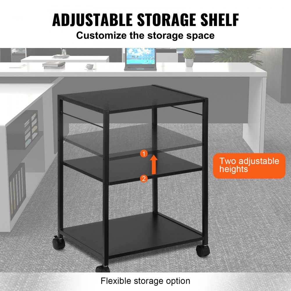 VEVOR Supporto per Stampante Portaoggetti Mobile 4 Ruote per Ufficio Studio Rastrelliera per Stampante 3 Ripiani con Ganci, Supporto per Stampante Ripiano Capacità Carico Max. 20 kg 60 x 42 x 35 cm
