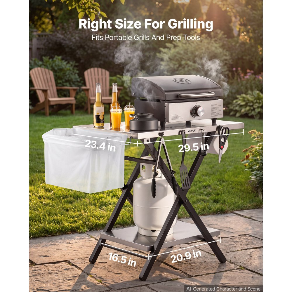 VEVOR Folding Grill Table 75x60 cm Camping Prep Tables Stainless Steel, for Picnic BBQ Tailgating, 32 kg Capacity, Adjustable Height, 2 Tier Outdoor Pizza Oven Stand, Garage Rack, Tissue Holder