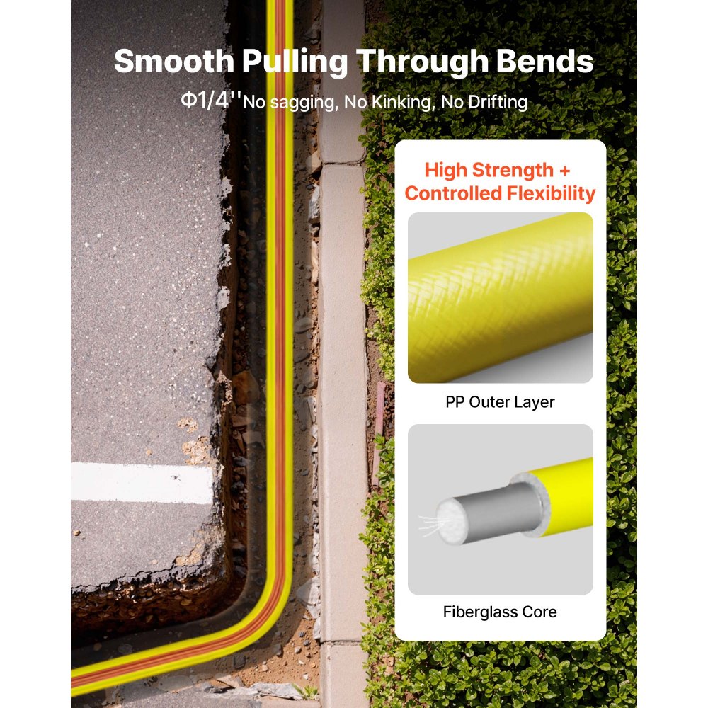 VEVOR Sonda Nastro in Fibra di Vetro Estrattore per Cavi di Vetro Diametro 6,3 m con Supporto Asta per Cavi Lunghezza 152 m Non Conduttivo, Tiracavi per Gestione di Cablaggio 2 Testine di Ricambio