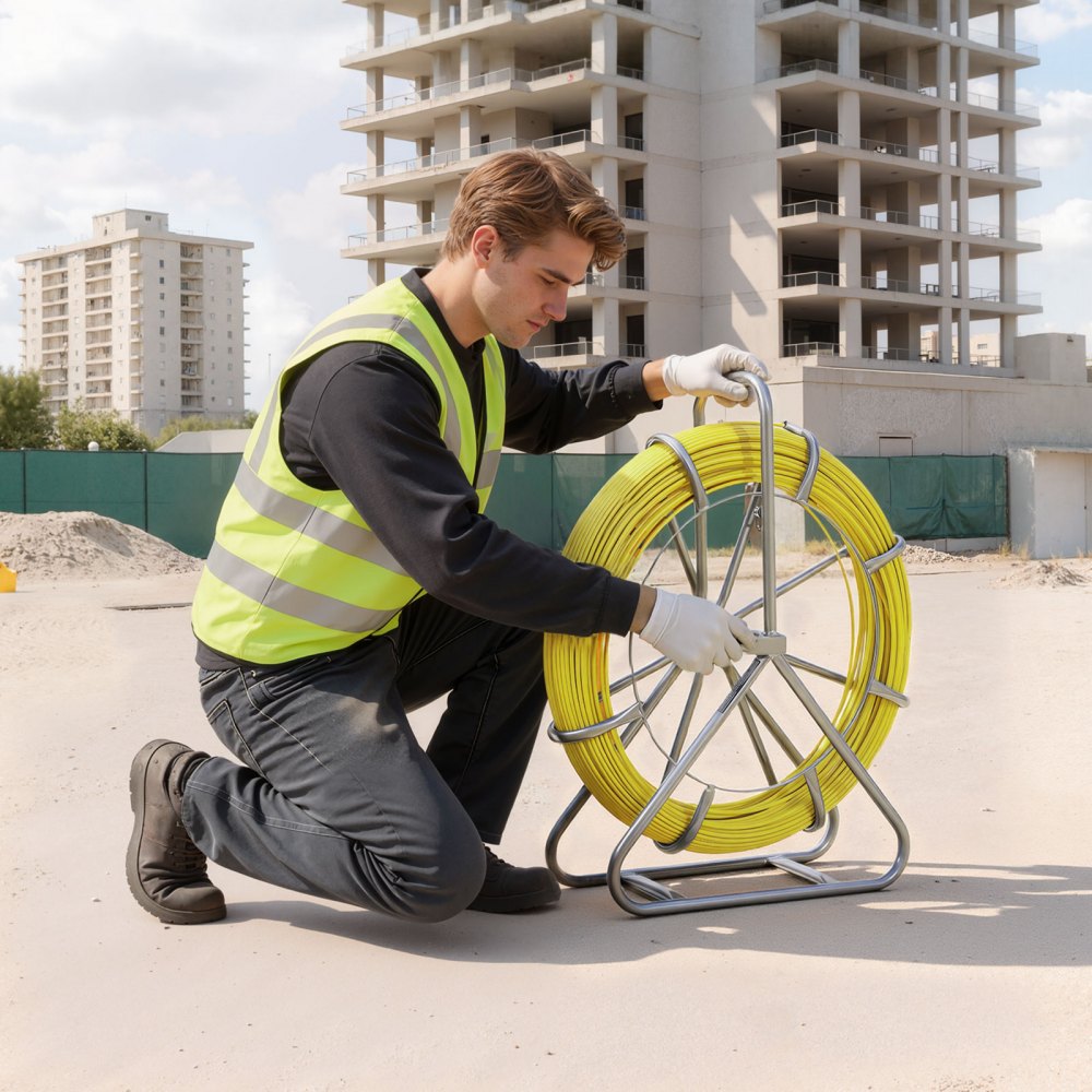 VEVOR Sonda Nastro in Fibra di Vetro Estrattore per Cavi di Vetro Diametro 6,3 m con Supporto Asta per Cavi Lunghezza 152 m Non Conduttivo, Tiracavi per Gestione di Cablaggio 2 Testine di Ricambio