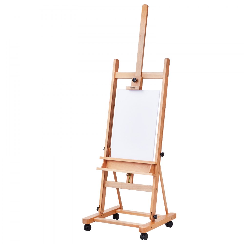 VEVOR Studio Easel with H-Frame for Canvas Paintings up to 121 cm, Artist Easel Made of Beechwood for Painting with Wheels and Large Shelf, 15 kg Load Capacity, Adjustable Studio Easel