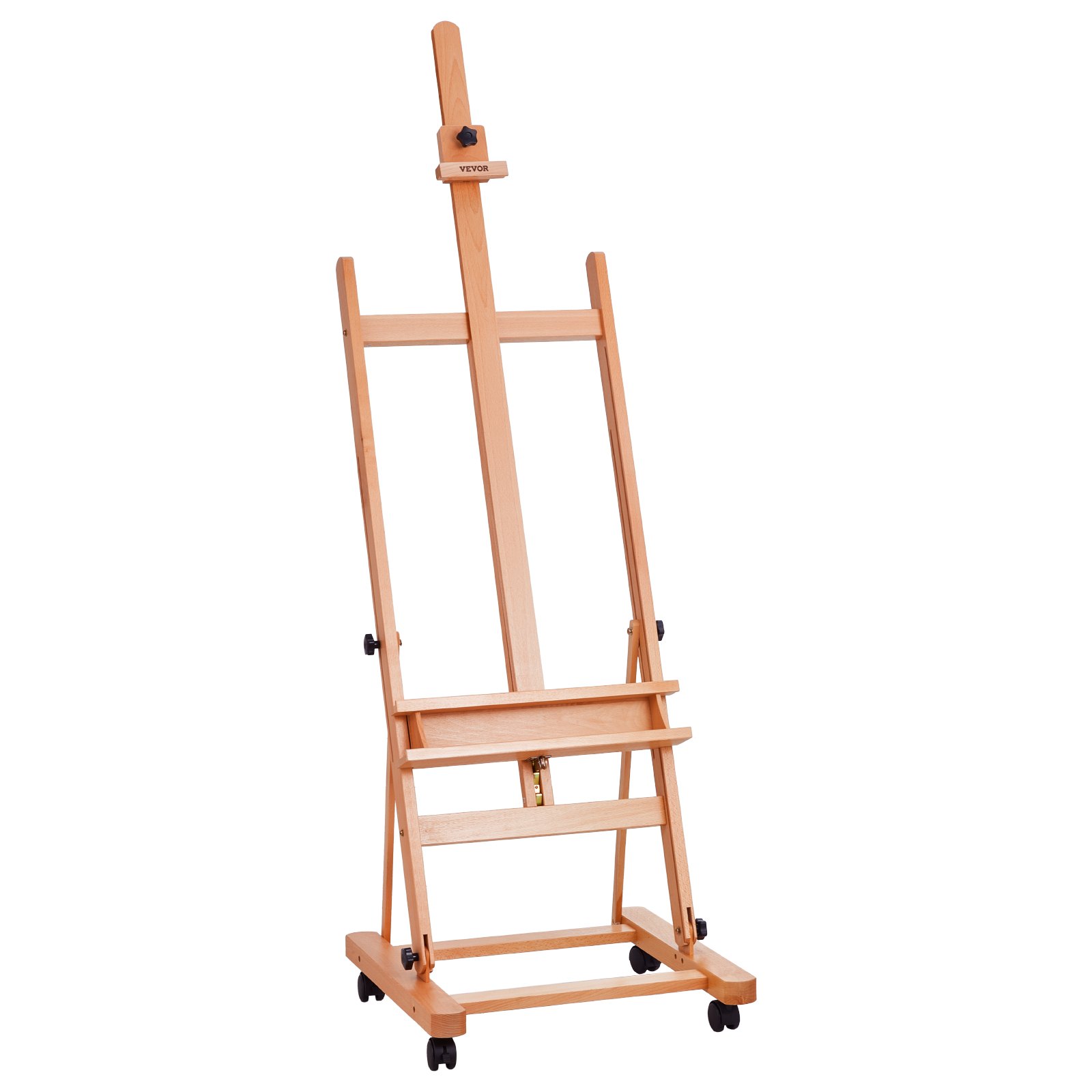 VEVOR Cavalletto da Studio con Struttura a H, Cavalletto in Faggio con Ruote e Vassoio Portaoggetti, Capacità 15 kg, Cavalletto Regolabile per Pittura Artistica per Quadri su Tela Fino a 1210 mm