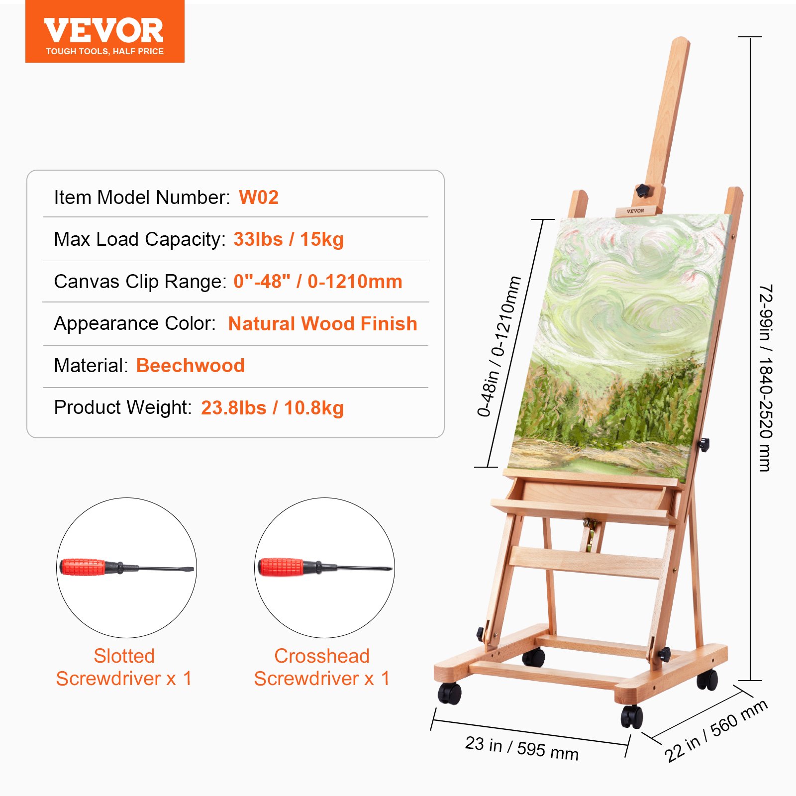 VEVOR Studio Easel with H-Frame for Canvas Paintings up to 121 cm, Artist Easel Made of Beechwood for Painting with Wheels and Large Shelf, 15 kg Load Capacity, Adjustable Studio Easel