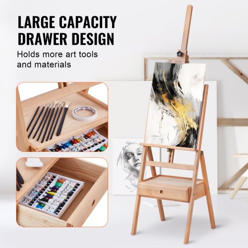H-Frame Cavalletto Da Studio In Legno Di Faggio Massello, Con Cassetto Portaoggetti, Regolabile Fino A 198 Cm, Colore Noce, Per Pittura Su Tela