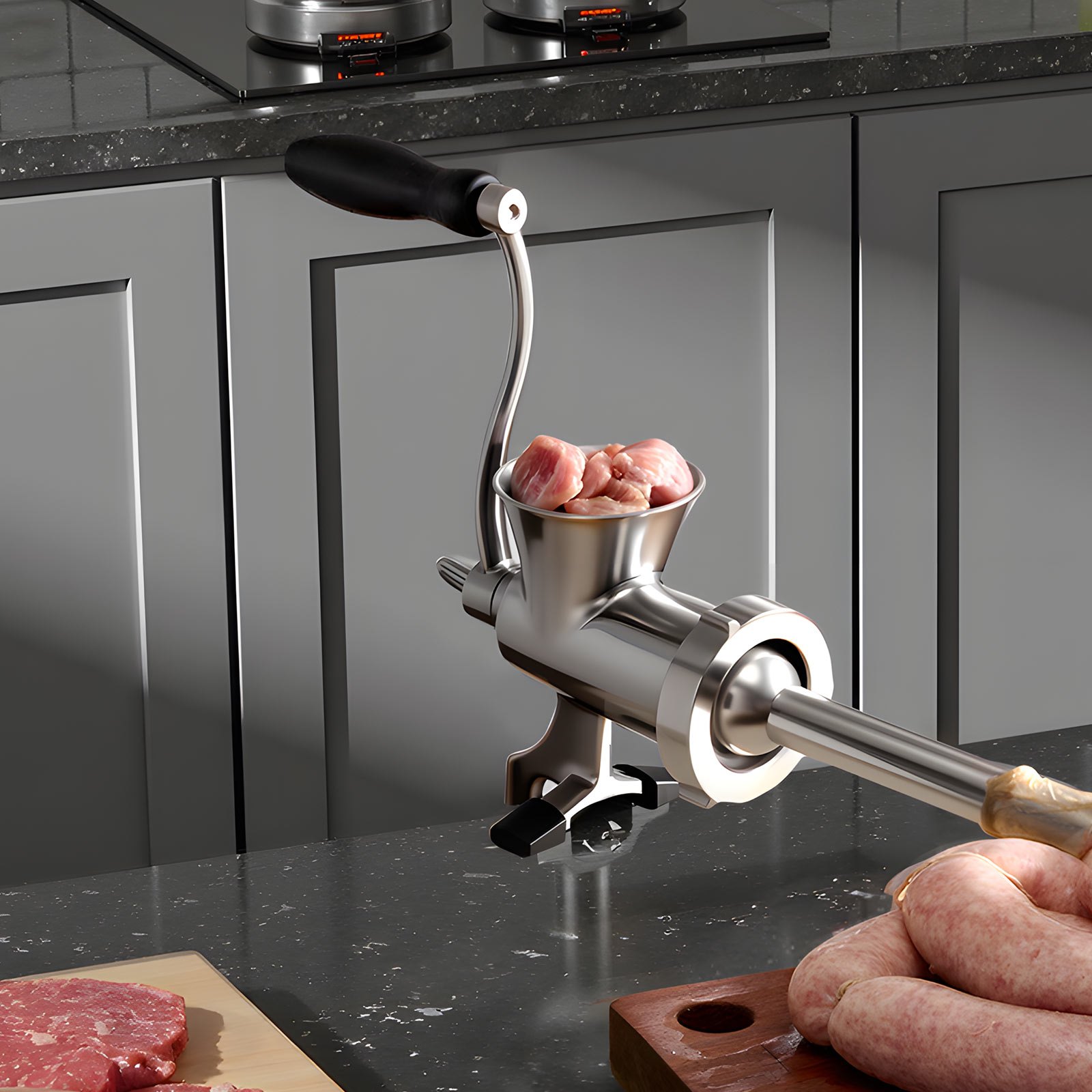 VEVOR Tritacarne Manuale con Manovella, Macchina Tritacarne per Salsicce in Acciaio Inox 304 con Morsetto da Tavolo, Insaccatrice per Salsicce con Piastre di Taglio (4,5/8 mm)