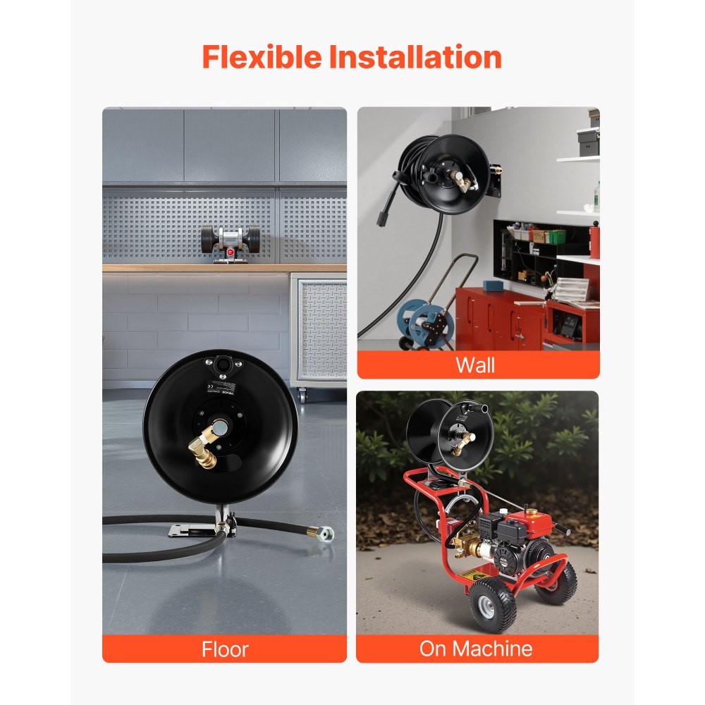 VEVOR Pressure Washer Hose Reel, 15.2 m x 9.5 mm Heavy-Duty Steel Bracket-Mounted Pressure Hose Reel, Wall/Floor/Truck Mount, 4000PSI Max, Manual Power Hand Crank for Water, with Grip Handle
