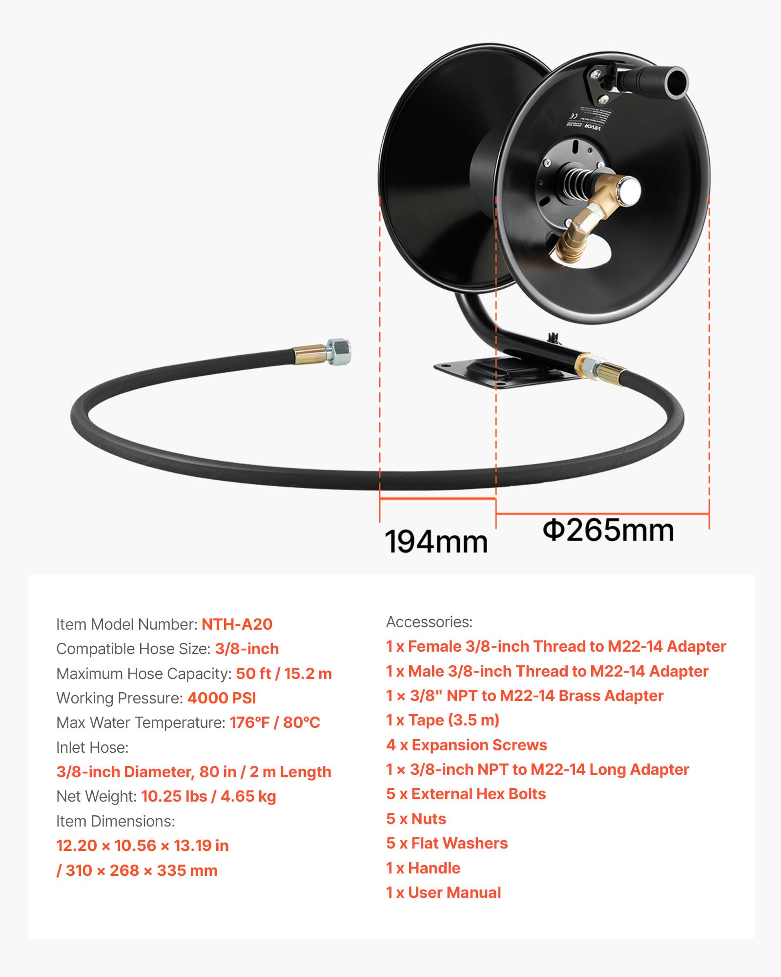 VEVOR Pressure Washer Hose Reel, 15.2 m x 9.5 mm Heavy-Duty Steel Bracket-Mounted Pressure Hose Reel, Wall/Floor/Truck Mount, 4000PSI Max, Manual Power Hand Crank for Water, with Grip Handle