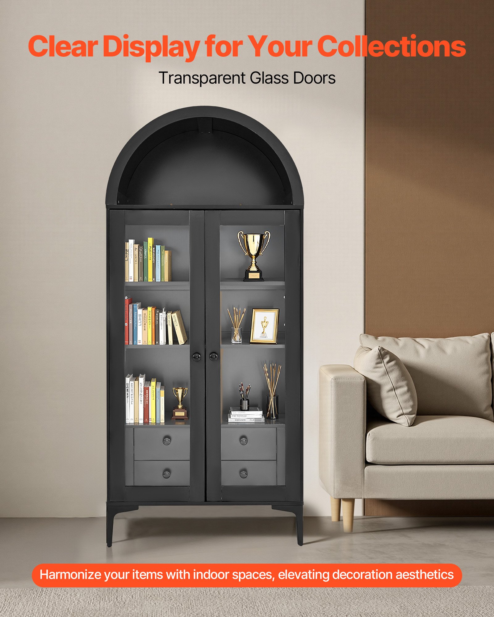 VEVOR Vetrina Arco con Ante in Vetro, Vetrina per Oggetti Curiosi a 4 Livelli Alta 1790 mm, con 2 Ripiani Regolabili per Giocattoli da Collezione, Libreria per Casa, Ufficio, Sala Giochi