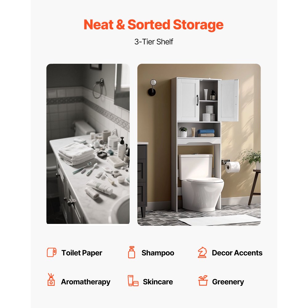VEVOR Mobiletto Portaoggetti Sopra WC 600 x 210 x 1651 mm Organizzatore per Bagno, Capacità di Carico di 30 kg con Doppia Anta e Ripiano Regolabile, Mobile da Bagno con Ripiano Aperto, Bianco
