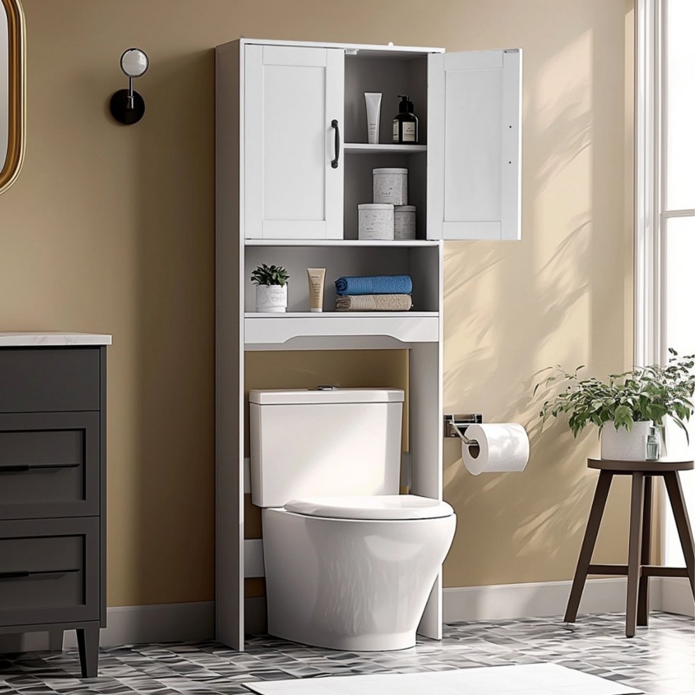 VEVOR Mobiletto Portaoggetti Sopra WC 600 x 210 x 1651 mm Organizzatore per Bagno, Capacità di Carico di 30 kg con Doppia Anta e Ripiano Regolabile, Mobile da Bagno con Ripiano Aperto, Bianco