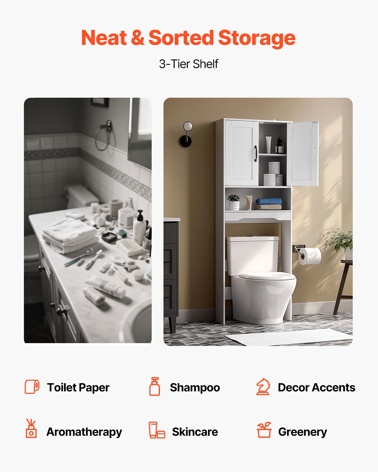 VEVOR Mobiletto Portaoggetti Sopra WC 600 x 210 x 1651 mm Organizzatore per Bagno, Capacità di Carico di 30 kg con Doppia Anta e Ripiano Regolabile, Mobile da Bagno con Ripiano Aperto, Bianco