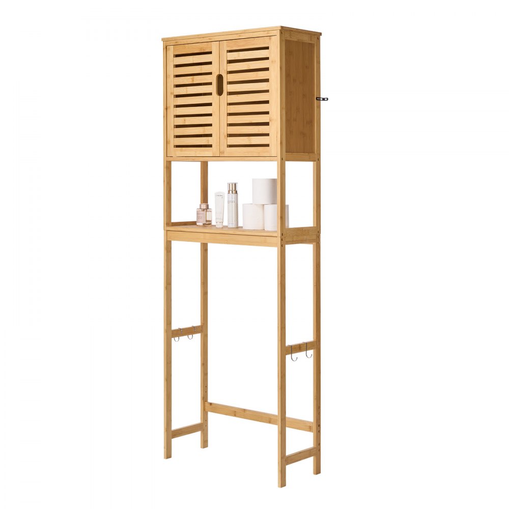VEVOR Mobiletto Portaoggetti Sopra WC 650 x 270 x 1750 mm Organizzatore per Bagno, Carico di 10 kg con Doppia Anta e Ripiano Interno Regolabile, Mobile da Bagno con Ripiano Aperto, Naturale