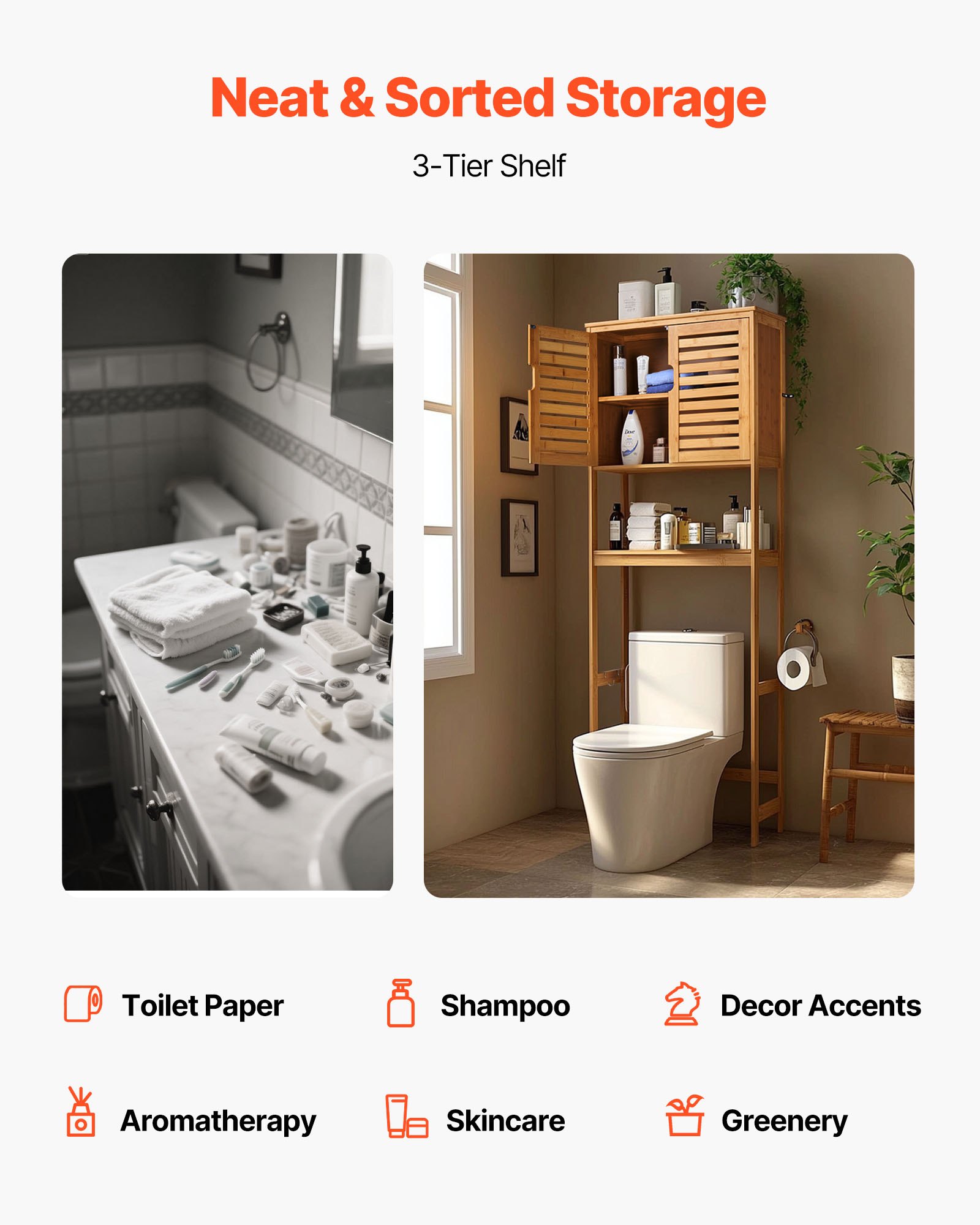 VEVOR Mobiletto Portaoggetti Sopra WC 650 x 270 x 1750 mm Organizzatore per Bagno, Carico di 10 kg con Doppia Anta e Ripiano Interno Regolabile, Mobile da Bagno con Ripiano Aperto, Naturale