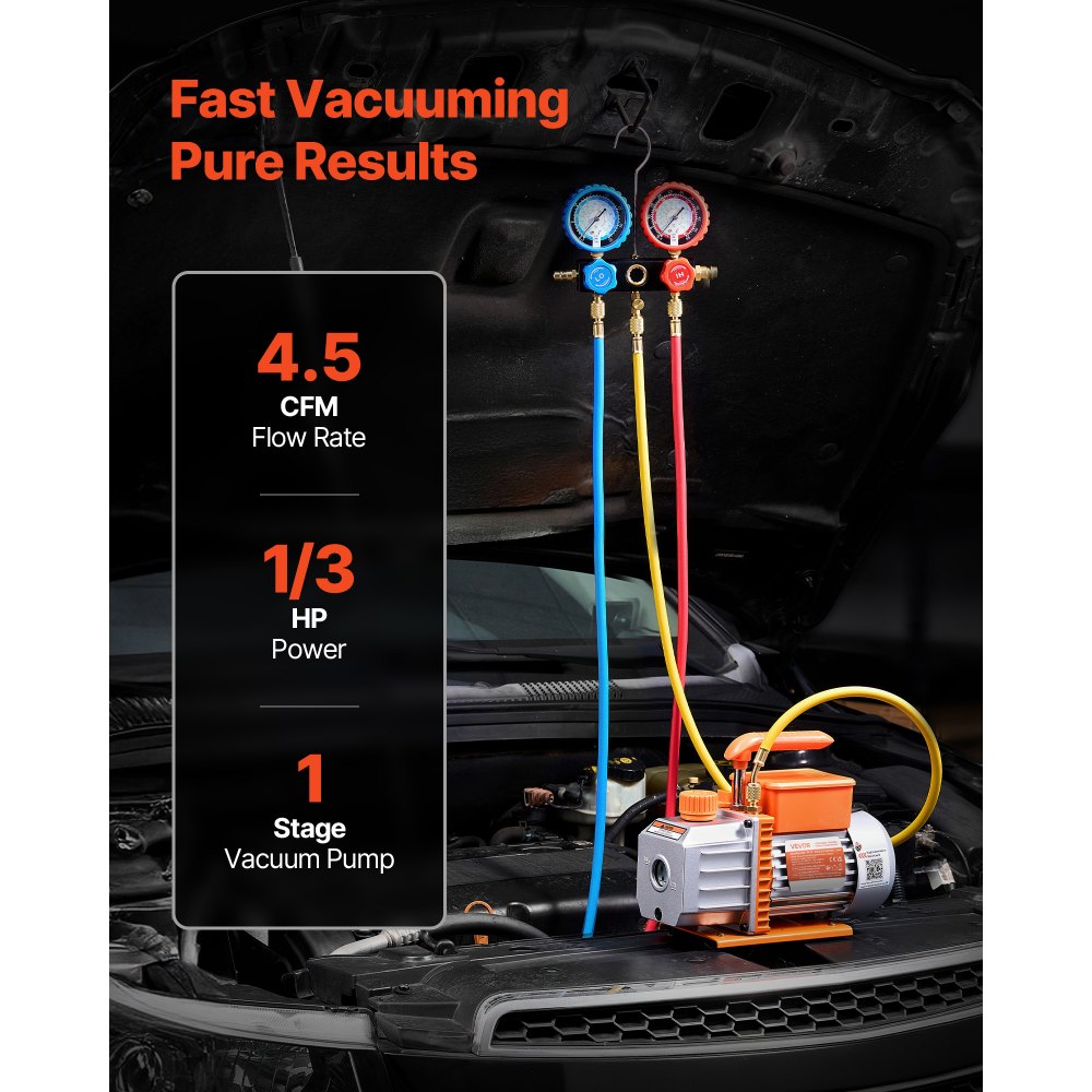 VEVOR Set Pompa per Vuoto e Manometro AC 4,5 CFM 127 L/min, Pompa per Vuoto HVAC a Palette Rotanti Monostadio, Kit Manometro per R134a R22 R410a R1234YF R32, con per HVAC per Auto