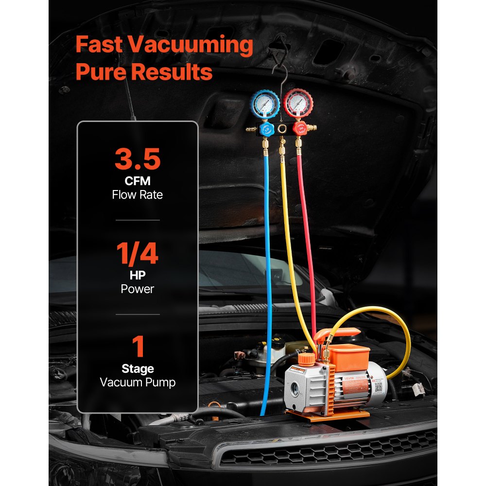 VEVOR Kit Pompa per Vuoto Manometro da 3,5 CFM 99 L/min, Pompa per Vuoto a Palette Rotanti Monostadio per Aria Condizionata con Borsa per Trasporto, Compatibile con R134a, R22, R410a, R1234YF, R32