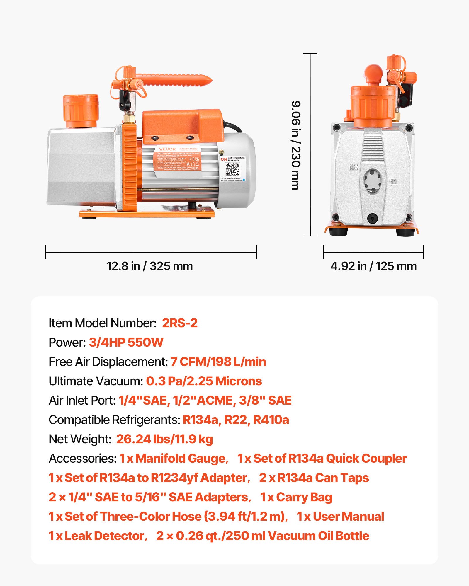 VEVOR Kit Pompa per Vuoto e Manometro 7 CFM 198 L/min Pompa per Vuoto a Palette Rotanti a 2 Stadi per Aria Condizionata con Borsa per Trasporto Compatibile con R134a R22 R410a