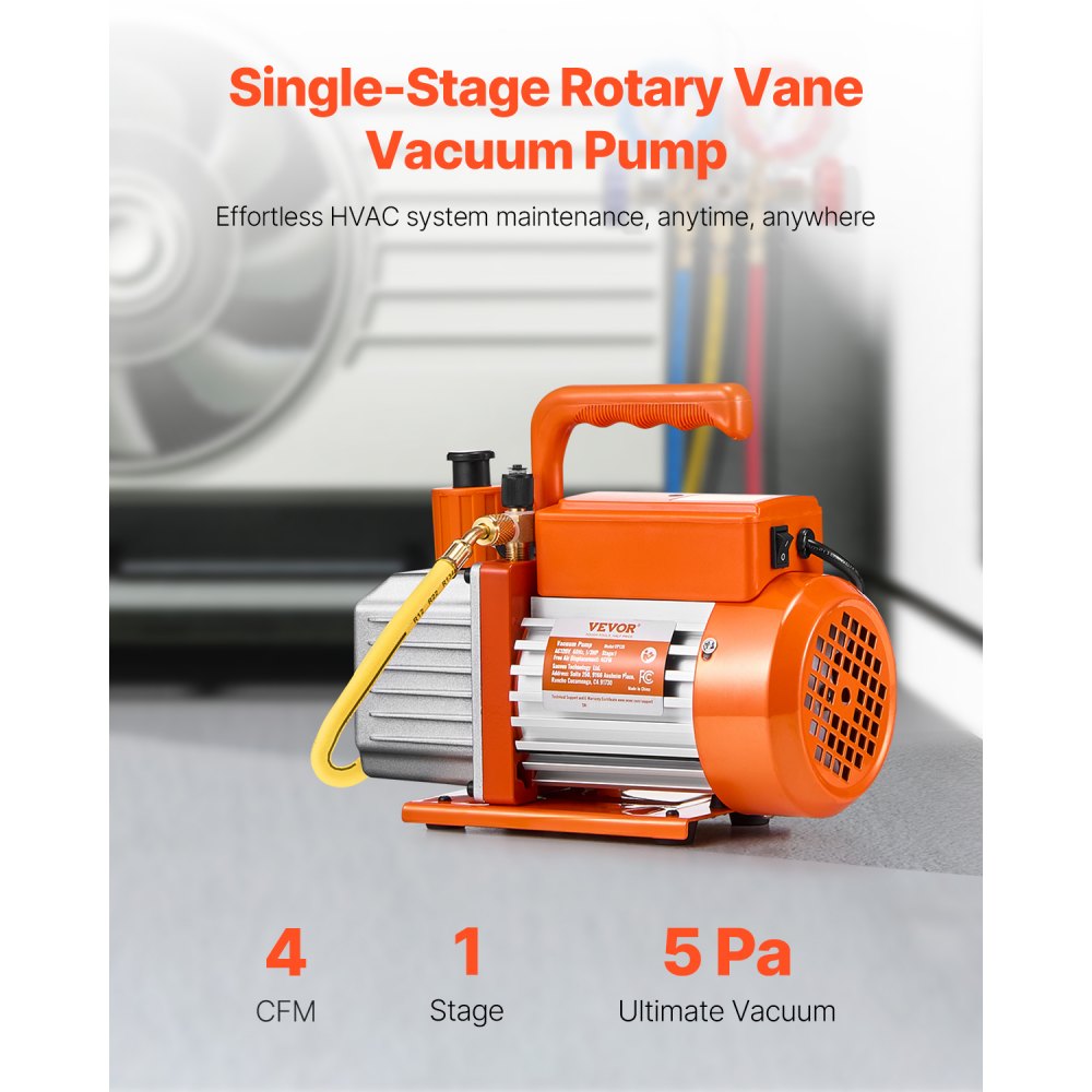 VEVOR vacuum pump, 4 CFM, HVAC single-stage rotary vane vacuum pump, for R134a R22 R410a systems, car AC vacuum pump kit with oil bottle, for car air conditioning maintenance and resin degassing