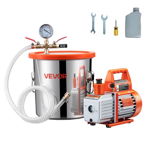VEVOR Kit Pompa a Vuoto da 110 L/min, Kit Camera di Degasaggio 11,36 L, Pompa per Vuoto Monostadio, Coperchio in Vetro Temperato, Tubo 1,5 m, per Stabilizzare Resina Siliconica Degassante Legno
