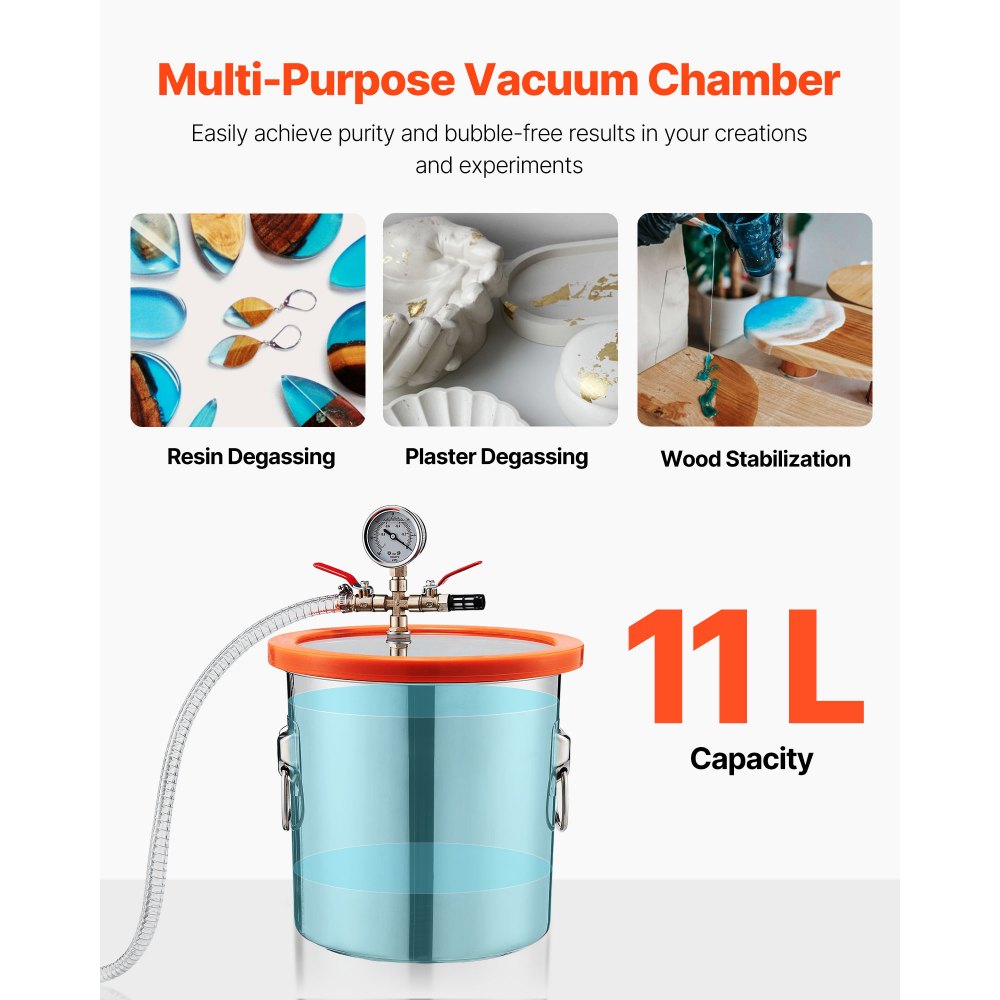 VEVOR Kit Pompa a Vuoto da 110 L/min, Kit Camera di Degasaggio 11,36 L, Pompa per Vuoto Monostadio, Coperchio in Vetro Temperato, Tubo 1,5 m, per Stabilizzare Resina Siliconica Degassante Legno