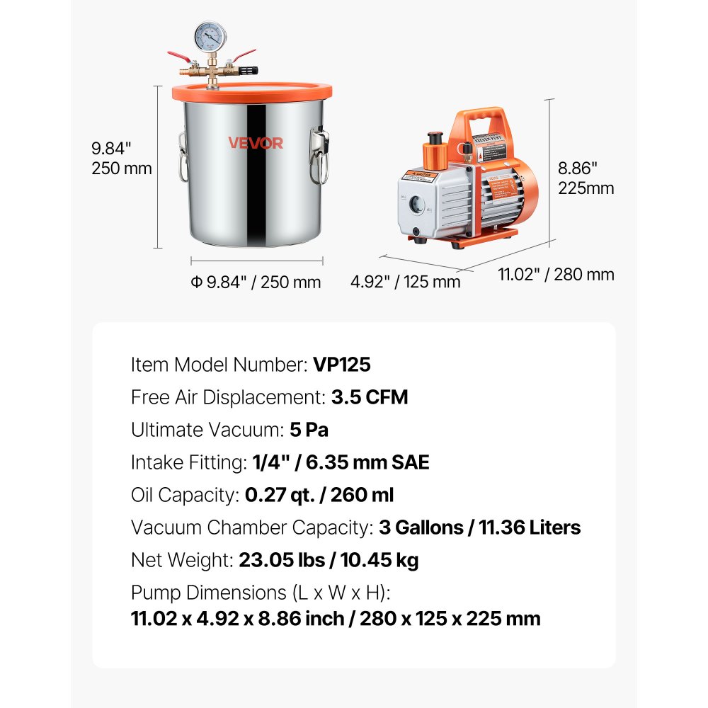VEVOR Kit Pompa a Vuoto da 110 L/min, Kit Camera di Degasaggio 11,36 L, Pompa per Vuoto Monostadio, Coperchio in Vetro Temperato, Tubo 1,5 m, per Stabilizzare Resina Siliconica Degassante Legno