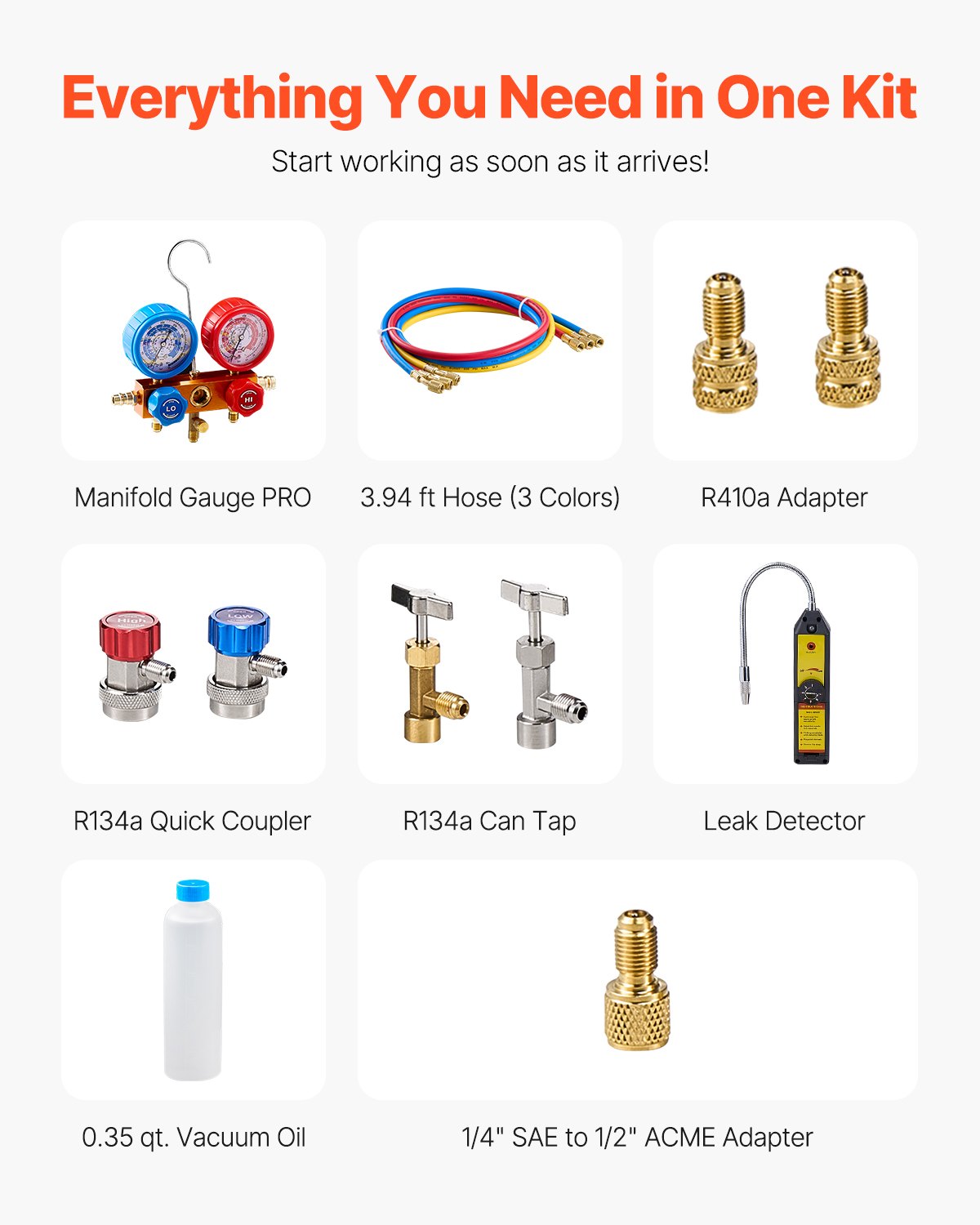 VEVOR Pompa per Vuoto e Manometro AC 2,12L/s, Pompa per Vuoto ad Aria HVAC, Kit Manometro Collettore Refrigerante A/C, con Tubi Rilevatori di Perdite, per R134a, R12, R22, R502a, R410A, R404, R407C