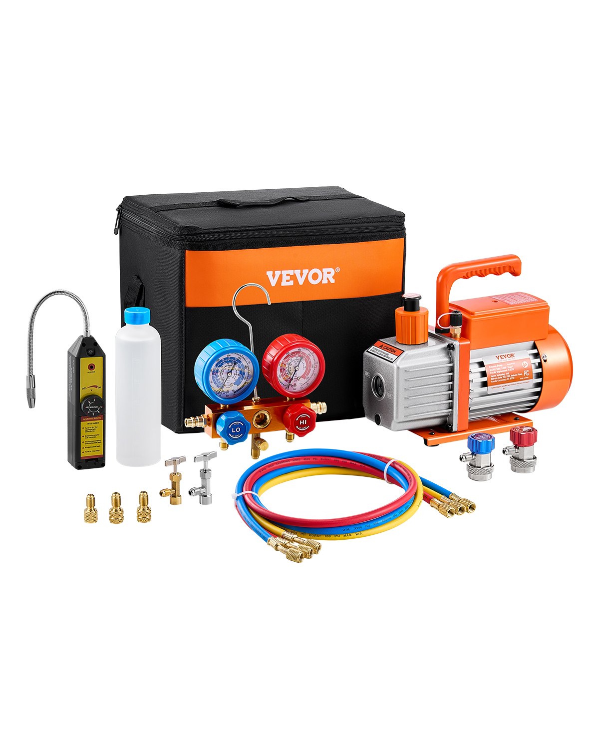 VEVOR Pompa per Vuoto e Manometro AC 2,12L/s, Pompa per Vuoto ad Aria HVAC, Kit Manometro Collettore Refrigerante A/C, con Tubi Rilevatori di Perdite, per R134a, R12, R22, R502a, R410A, R404, R407C
