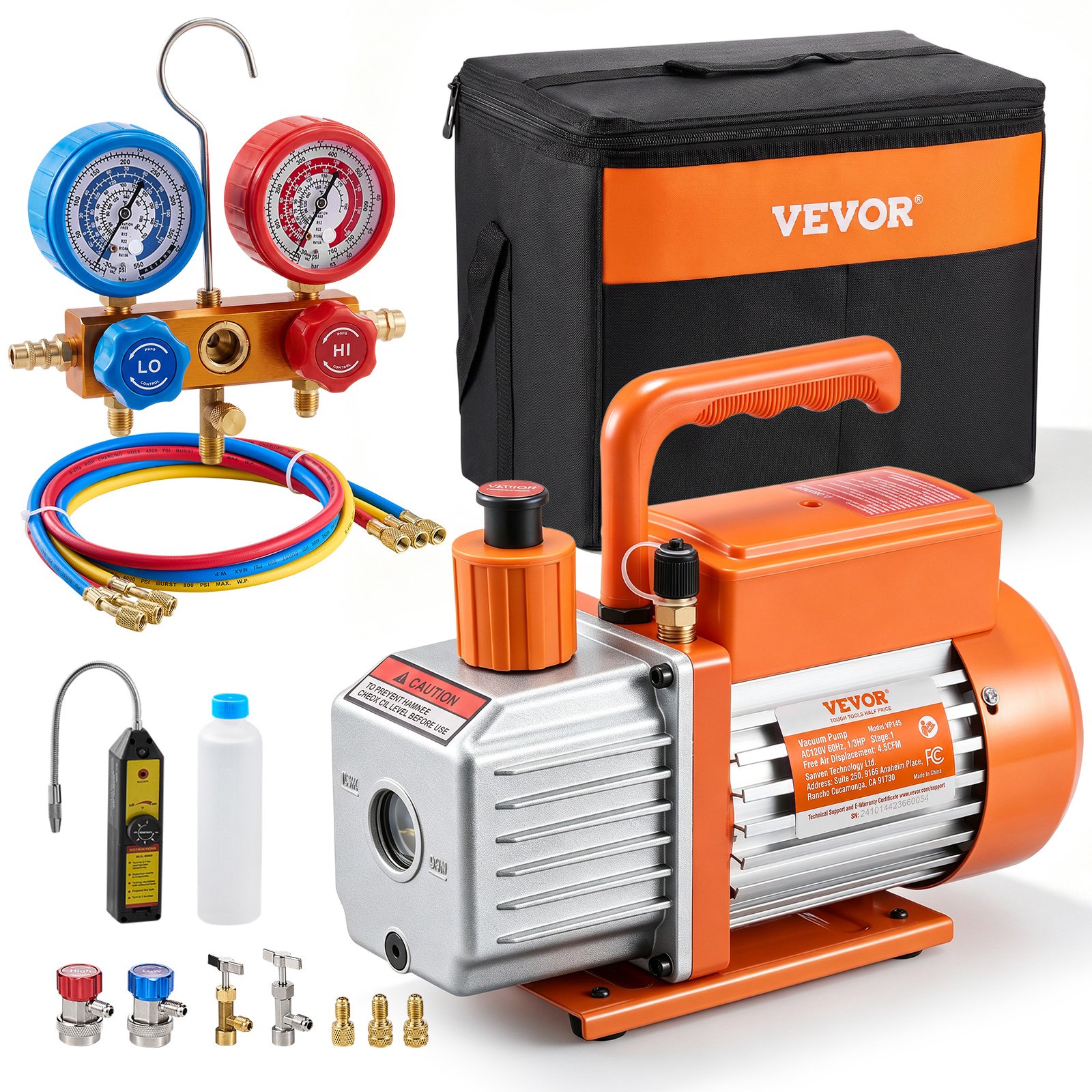 VEVOR Pompa per Vuoto e Manometro AC 2,12L/s, Pompa per Vuoto ad Aria HVAC, Kit Manometro Collettore Refrigerante A/C, con Tubi Rilevatori di Perdite, per R134a, R12, R22, R502a, R410A, R404, R407C