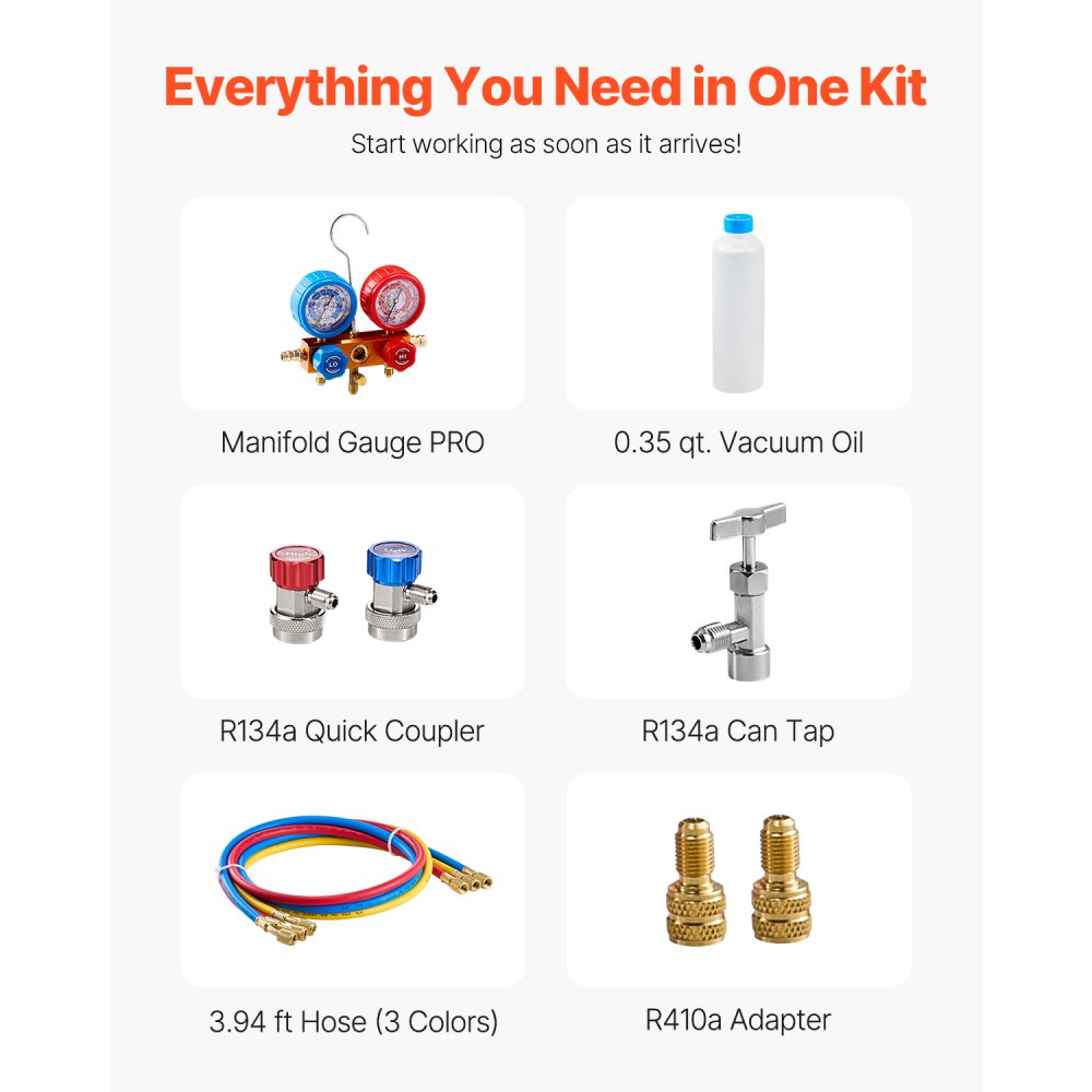 VEVOR Pompa per Vuoto e Manometro AC 1,65 L/s, ad Aria HVAC a Palette Rotanti Monostadio, Kit Manometro per Collettore Refrigerante A/C, con Tubi, Refrigeranti R134a R12 R22 R502a R410A R404 R407C