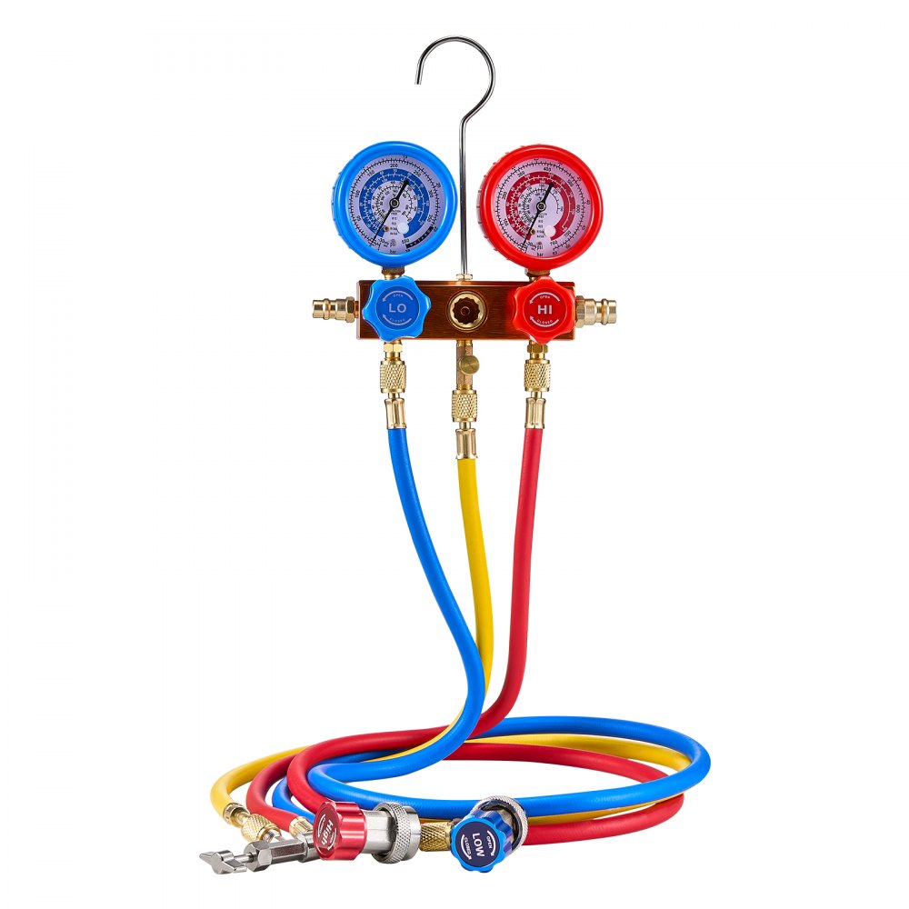 VEVOR Pompa per Vuoto e Manometro AC 1,65 L/s, ad Aria HVAC a Palette Rotanti Monostadio, Kit Manometro per Collettore Refrigerante A/C, con Tubi, Refrigeranti R134a R12 R22 R502a R410A R404 R407C